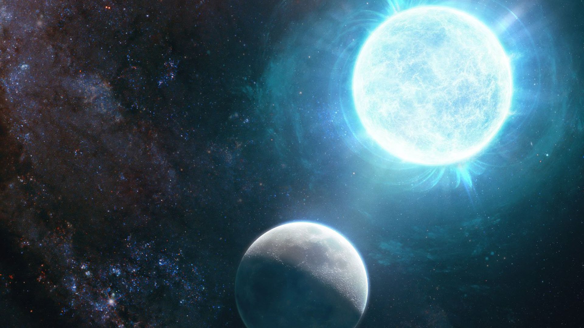 Artist's illustration showing the Moon at half phase with a white dwarf star