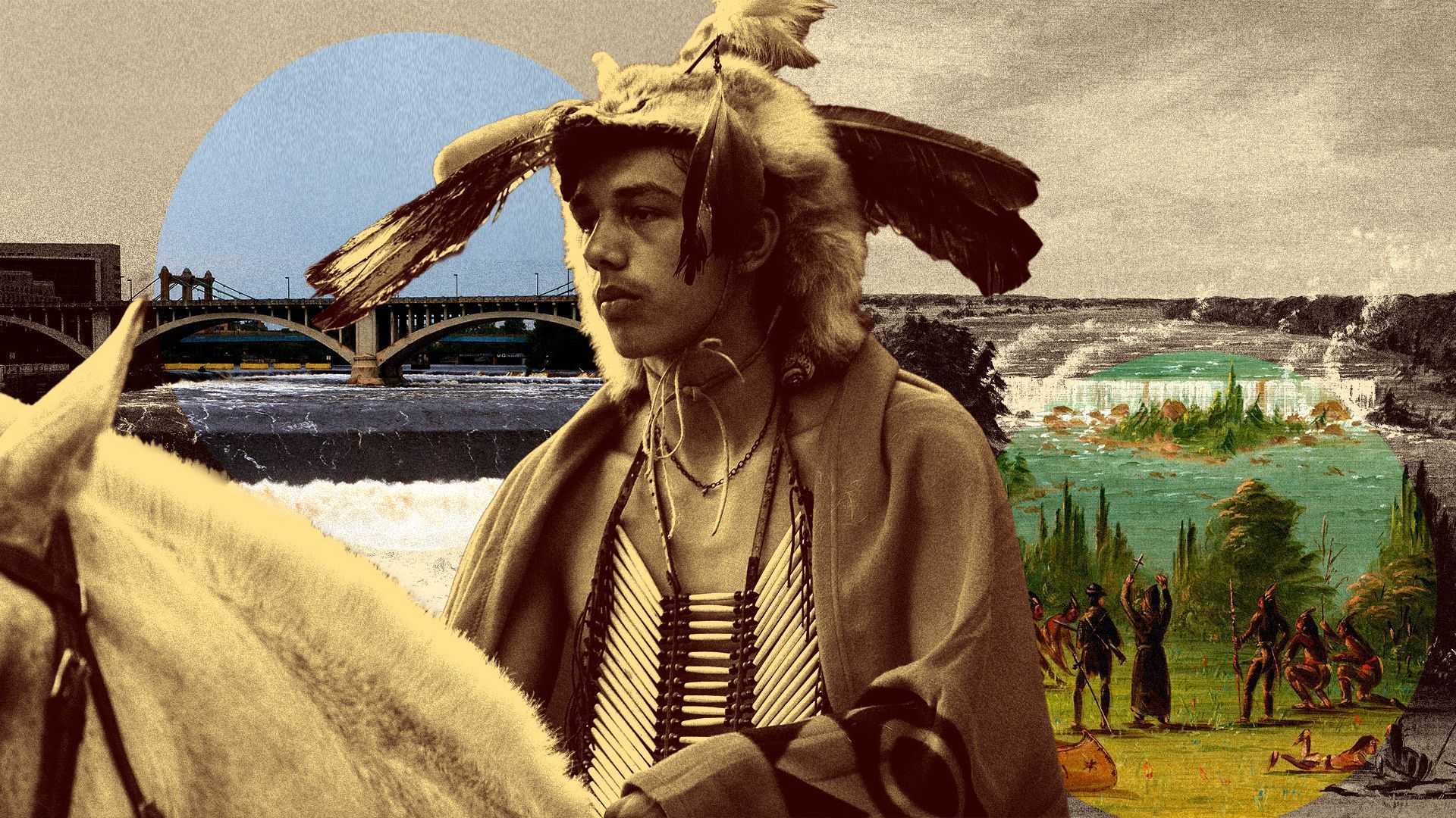 Photo illustration of a young indigenous boy riding on a horse with imagery of St. Anthony Falls in the background.