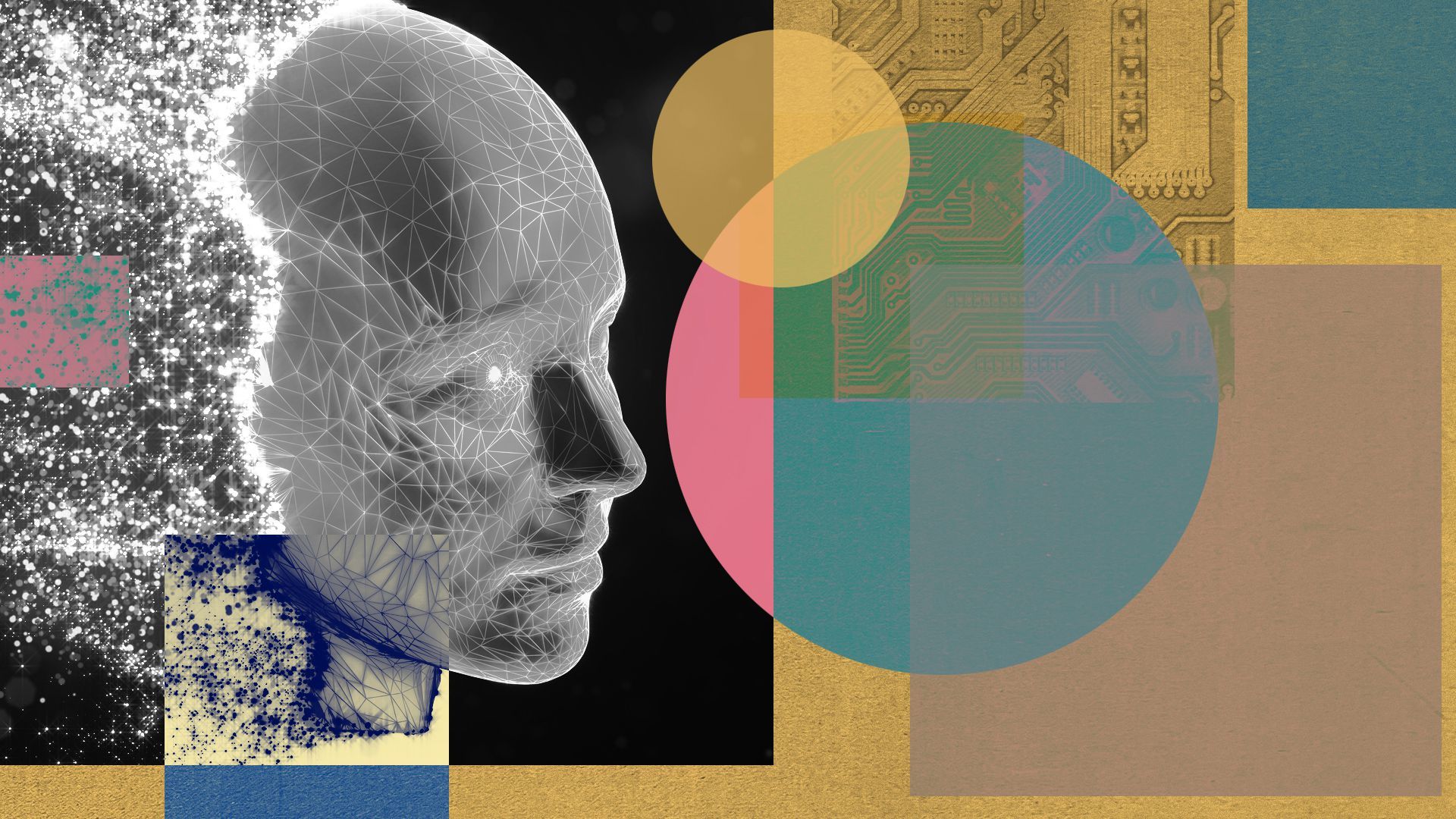 Illustration of a robotic A.I. face layered with computer chips and various shapes and colors.
