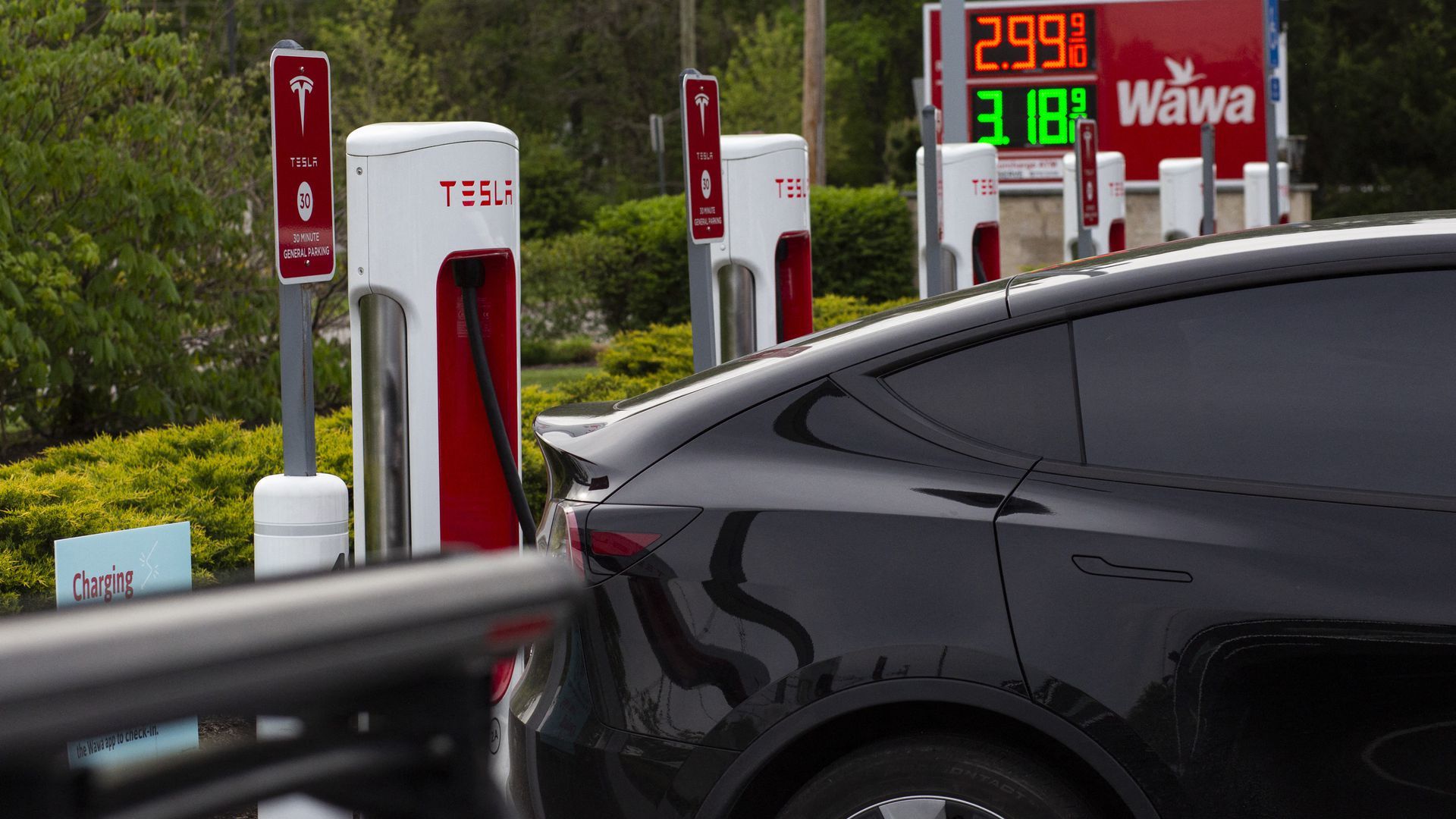A Tesla supercharger station.