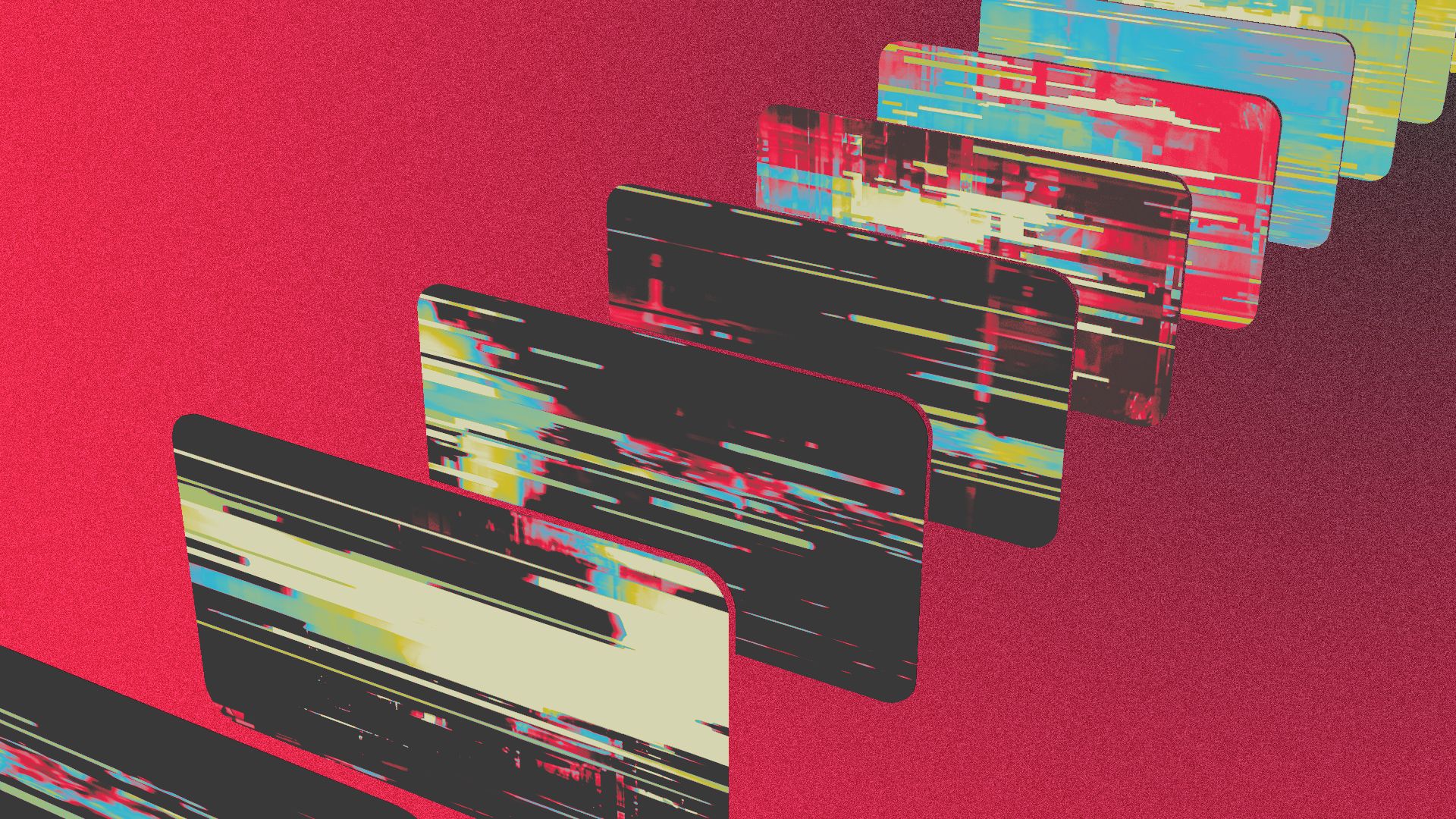 Illustration of a line of screens, each with a different glitch pattern on them, extending into the foreground from the top right hand corner of the frame.