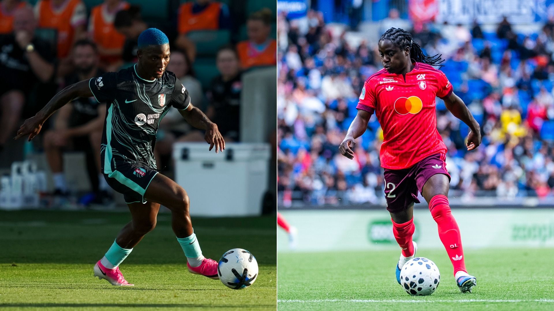 Two photos, left showing Temwa Chawinga in a dark blue and teal KC Current uniform and blue hair, and the right showing Tabitha Chawinga in a red Lyons uniform with a crowd in the background, both dribbling a soccer ball.