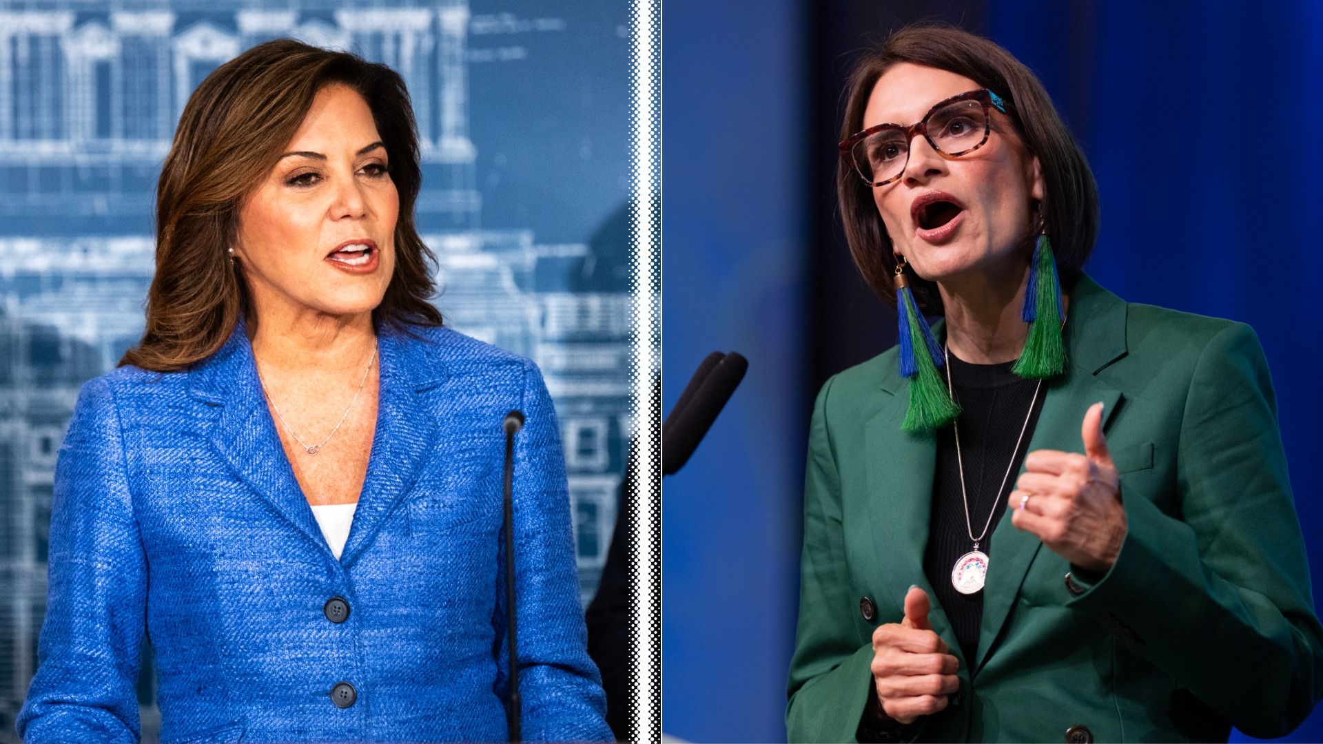 Michele Tafoya in a blue blazer and Peggy Flanagan in a green blazer