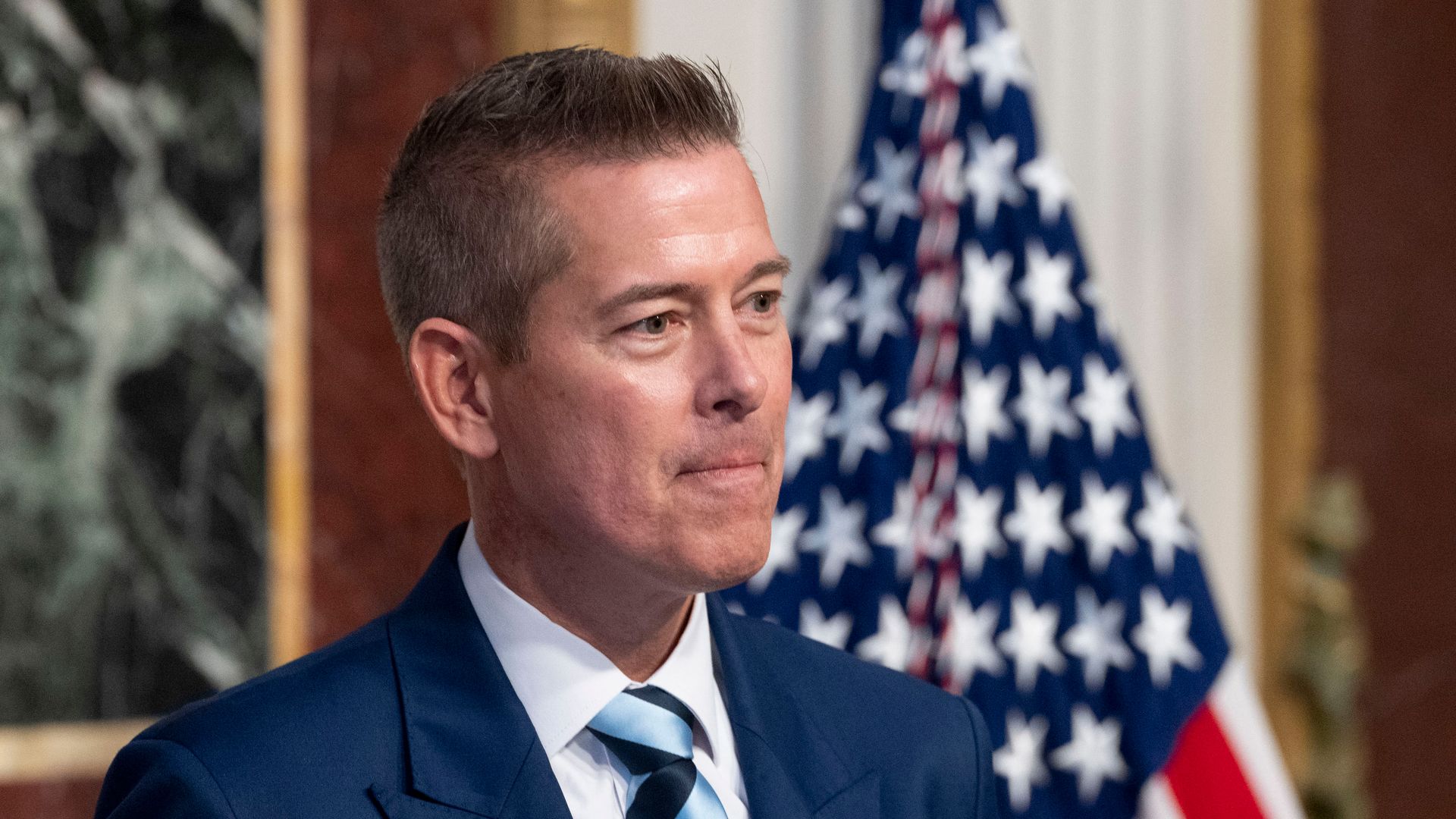 Sean Duffy, US secretary of transportation, during a swearing-in ceremony in Washington, DC, US, on Wednesday, Jan. 29, 2025. Duffy tackled his first road rules challenge within hours of taking the helm of the Transportation Department, ordering a rewrite Tuesday night of stringent federal fuel econ