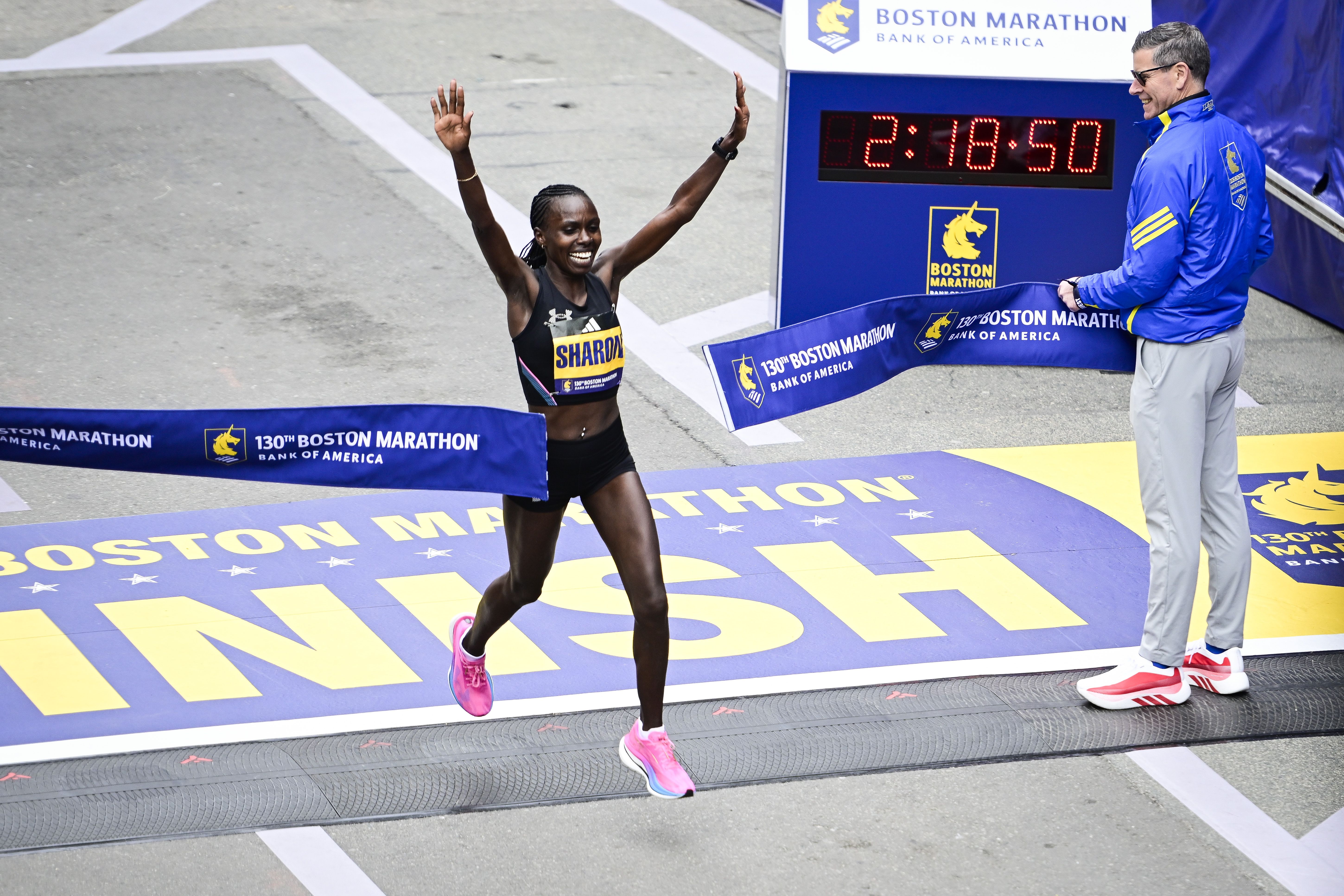 Sharon Lokedi crosses the Boston Marathon finish line today. Photo: Jaiden Tripi/Getty Images