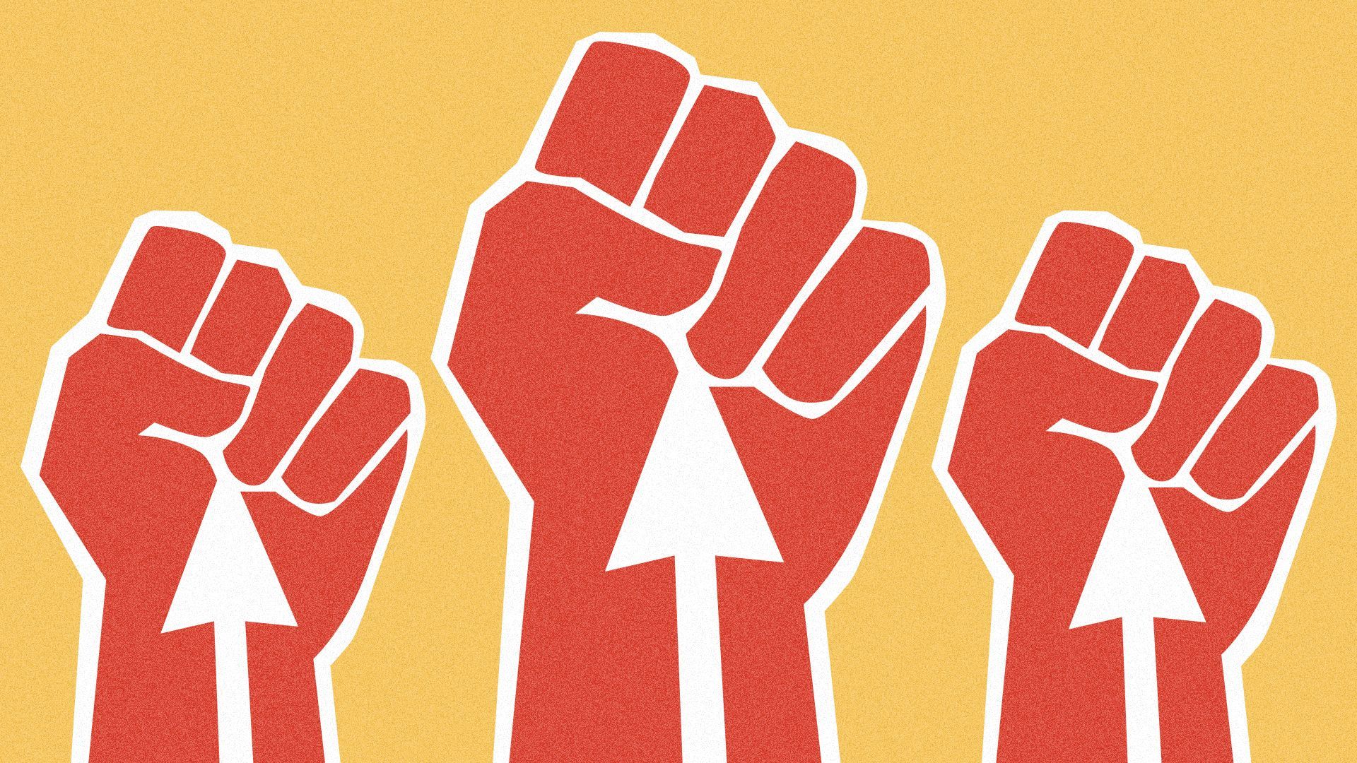 Illustration of three raised fists with upward pointing arrow cursors forming the negative space in each palm.