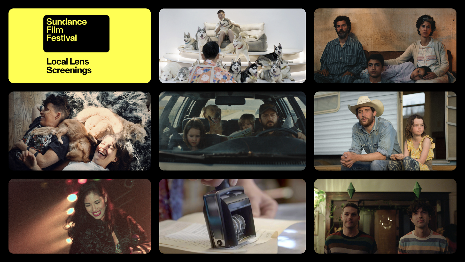 A poster featuring multiple photo stills of the Sundance Film Festival's Local Lens program.