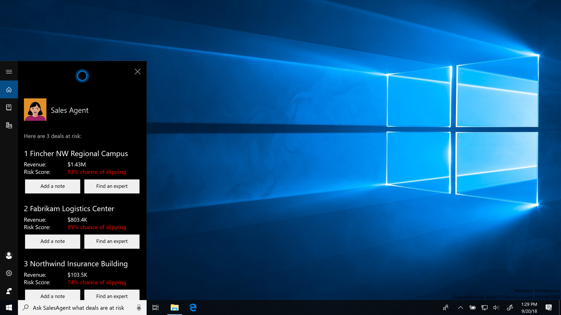 New AI tools in Cortana as seen on a Windows 10 desktop