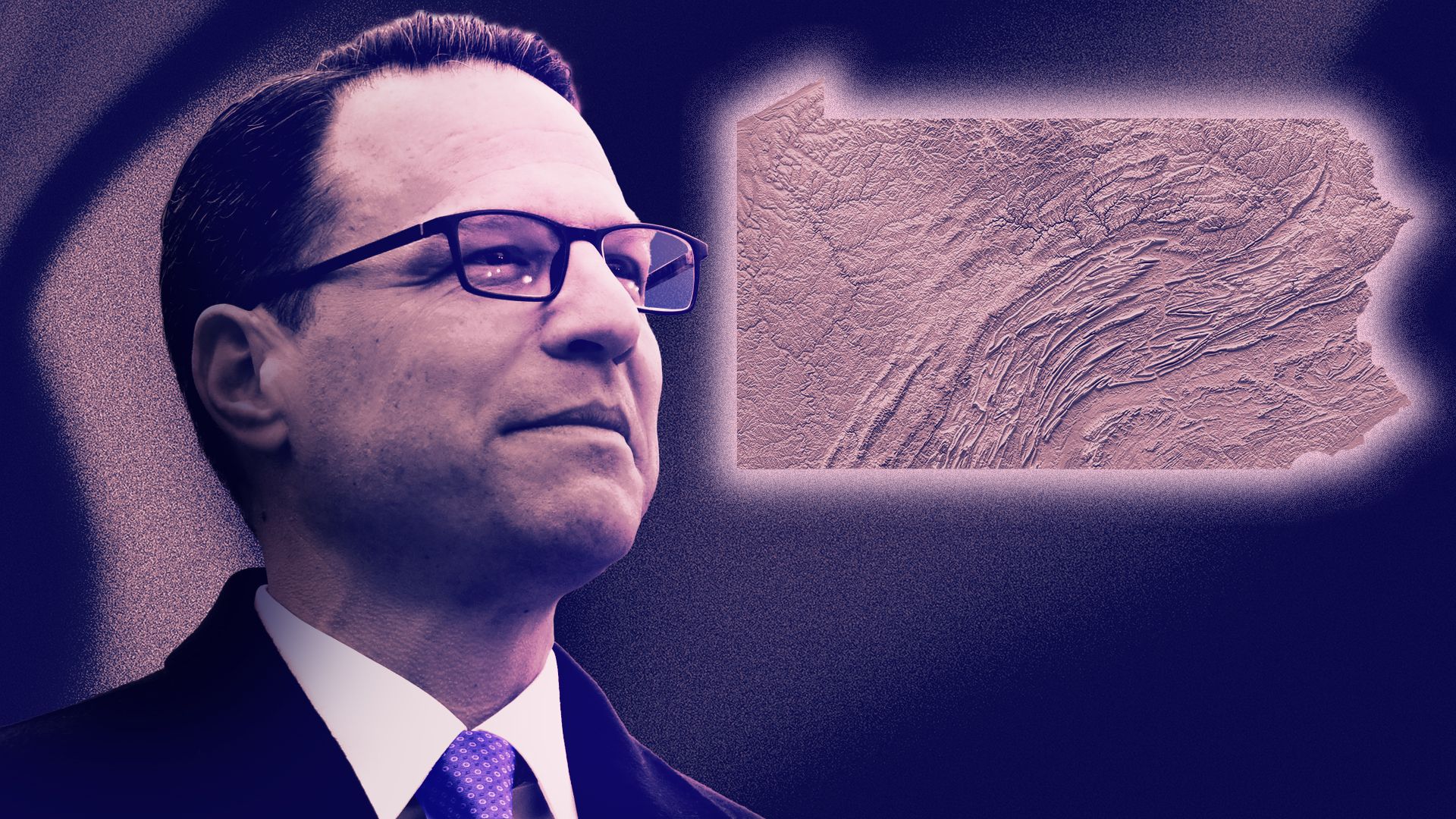 Photo illustration of Governor Josh Shapiro next to a topographical map of Pennsylvania