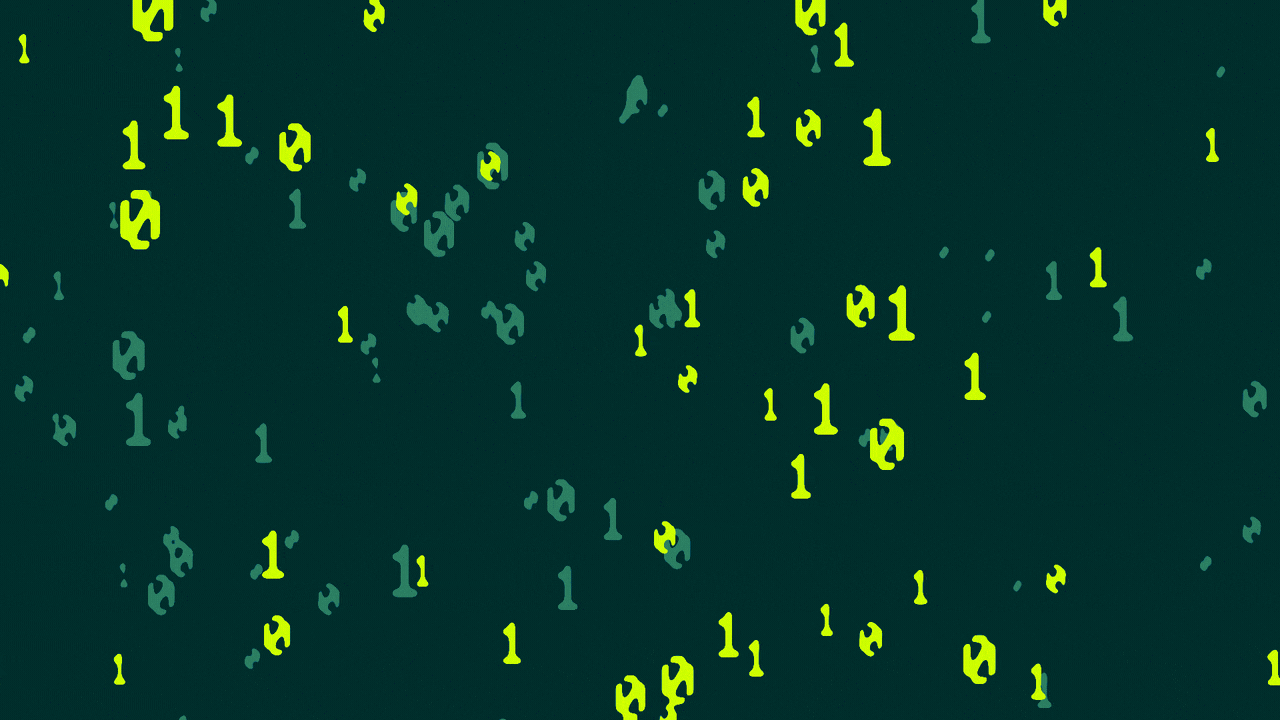 Animated illustration of binary code, some of which moves to form a shrug emoji.
