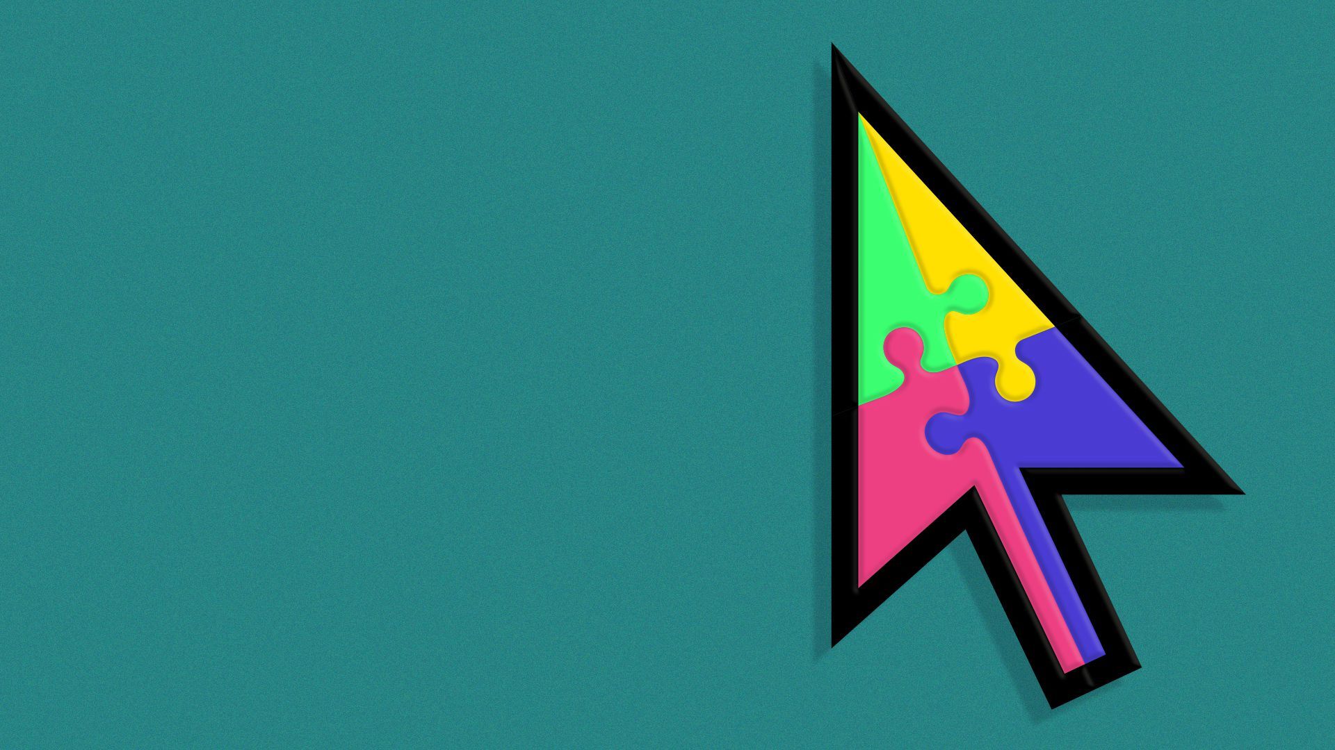 Illustration of a cursor made from four different colored puzzle pieces.