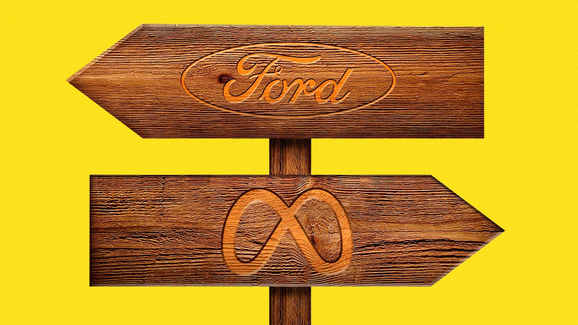 Illustration of a sign post with two arrows pointing different ways with the Ford and Meta logos as blazes.