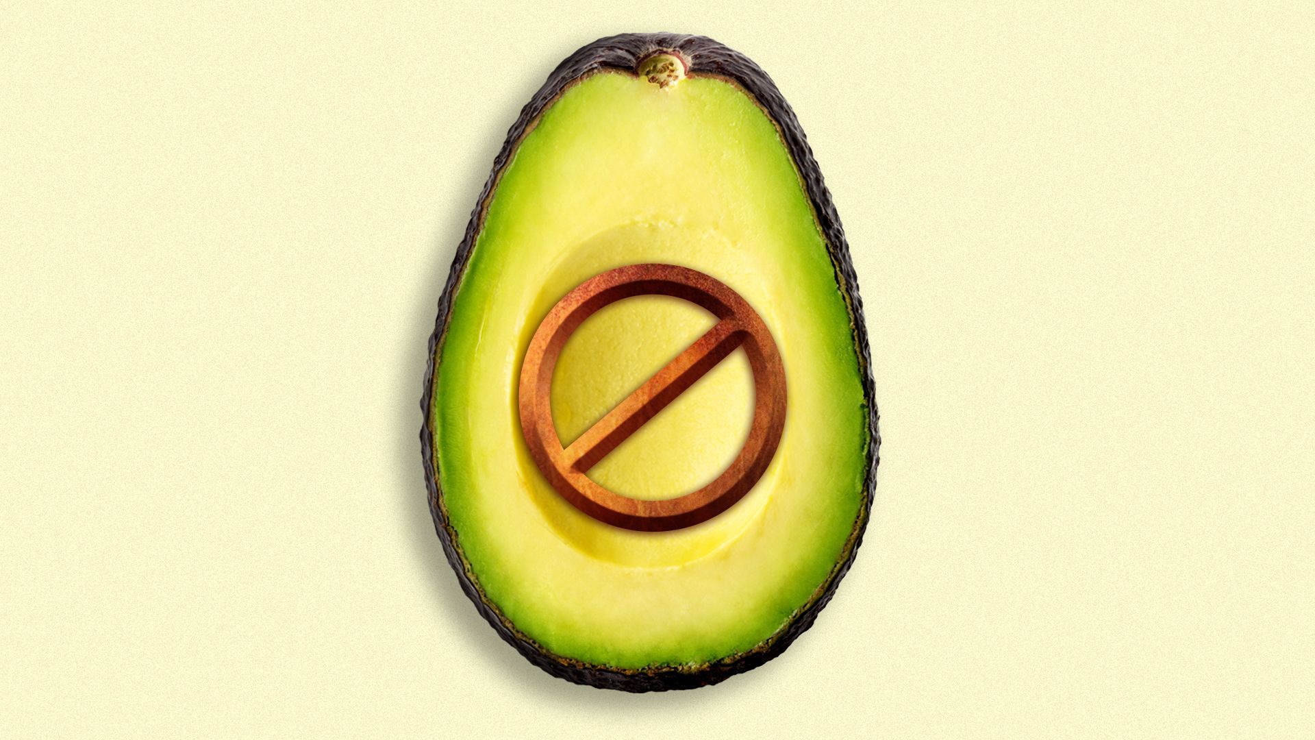 Illustration of an avocado with the pit in the shape of a "no" symbol
