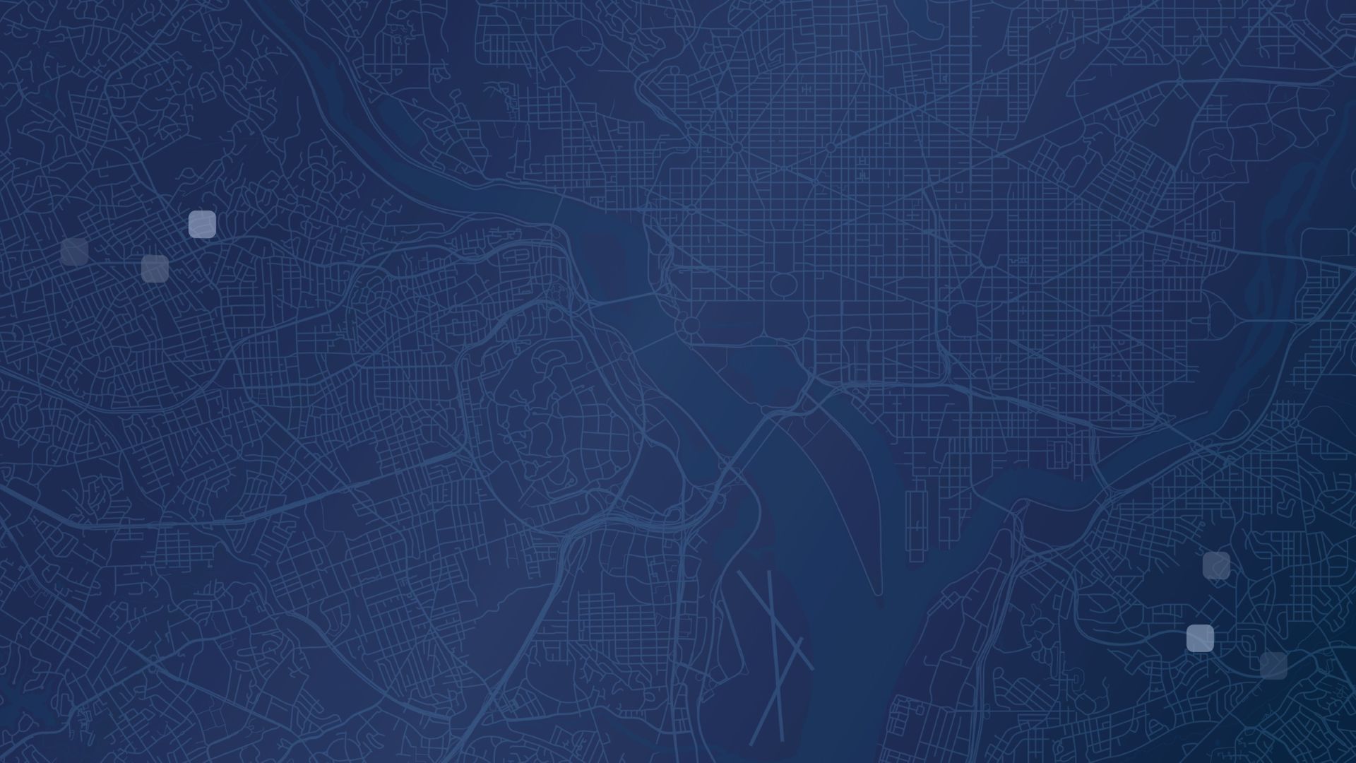 Stylized dark blue map with a light blue street grid, winding rivers, and several pale square markers scattered across the left and right, conveying an abstract urban layout.