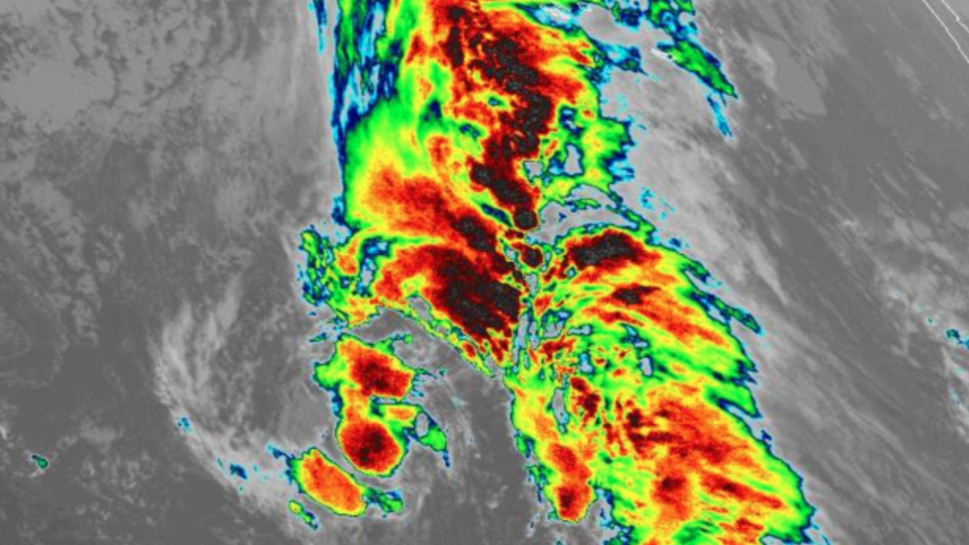 A satellite image of Subtropical Storm Theta.