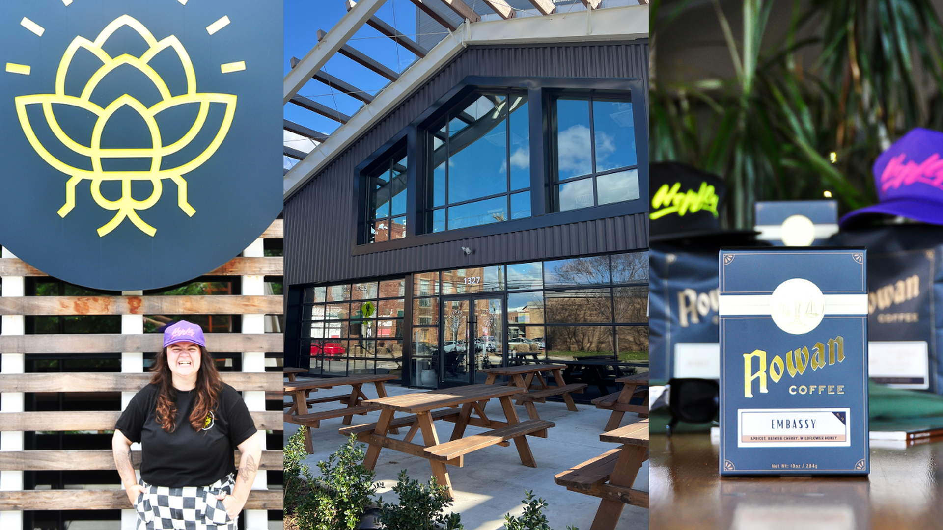 Three images: person with purple cap and black shirt stands under yellow lotus logo, modern building with large windows and patio tables, close-up of Rowan Coffee package labeled Embassy with purple and yellow caps blurred behind.