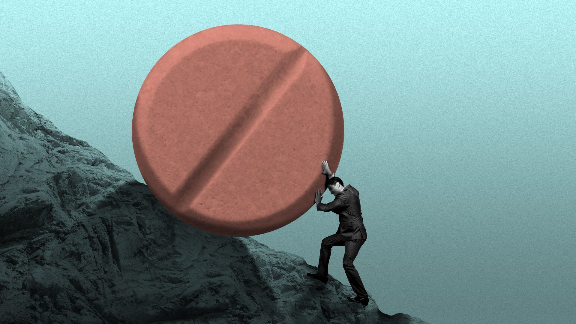 Illustration of a man pushing a giant pill up a hill