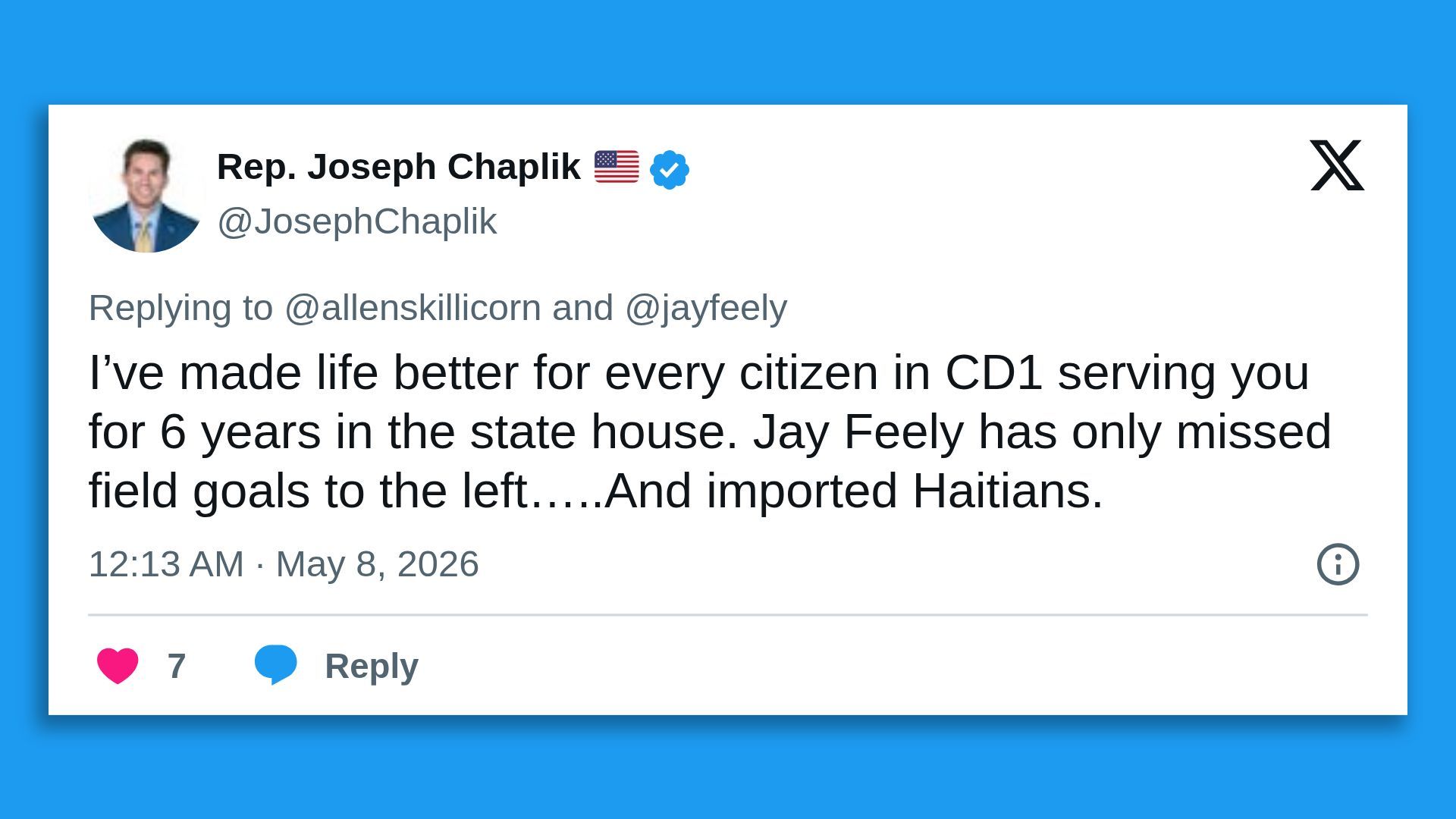 Screenshot of a post on X in which Joseph Chaplik touts his track record in the state house and attacks Jay Feely, saying all he's ever done is missed field goals to the left and imported Haitians. 