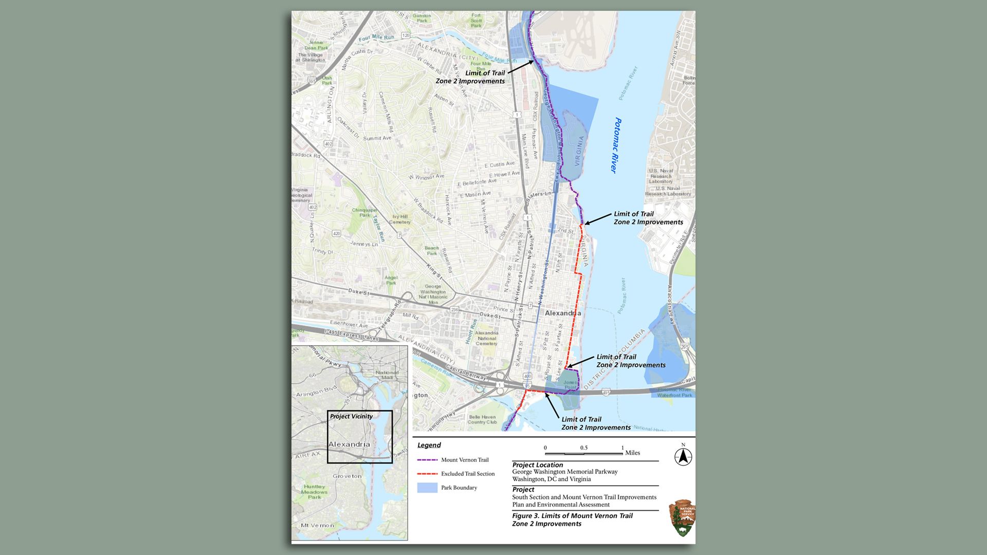 A map showing the Mount Vernon Trail