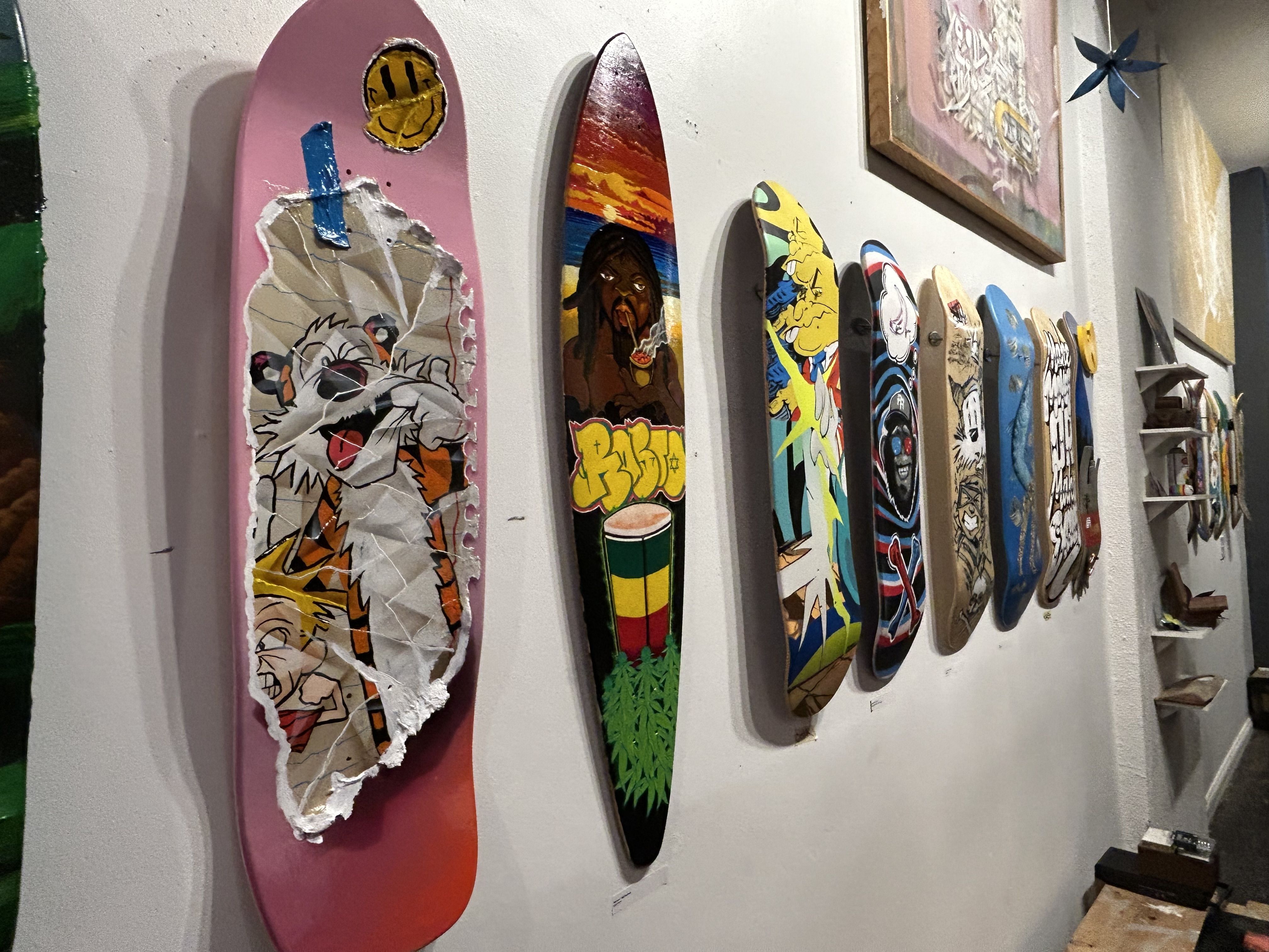 Art on skateboard decks. 