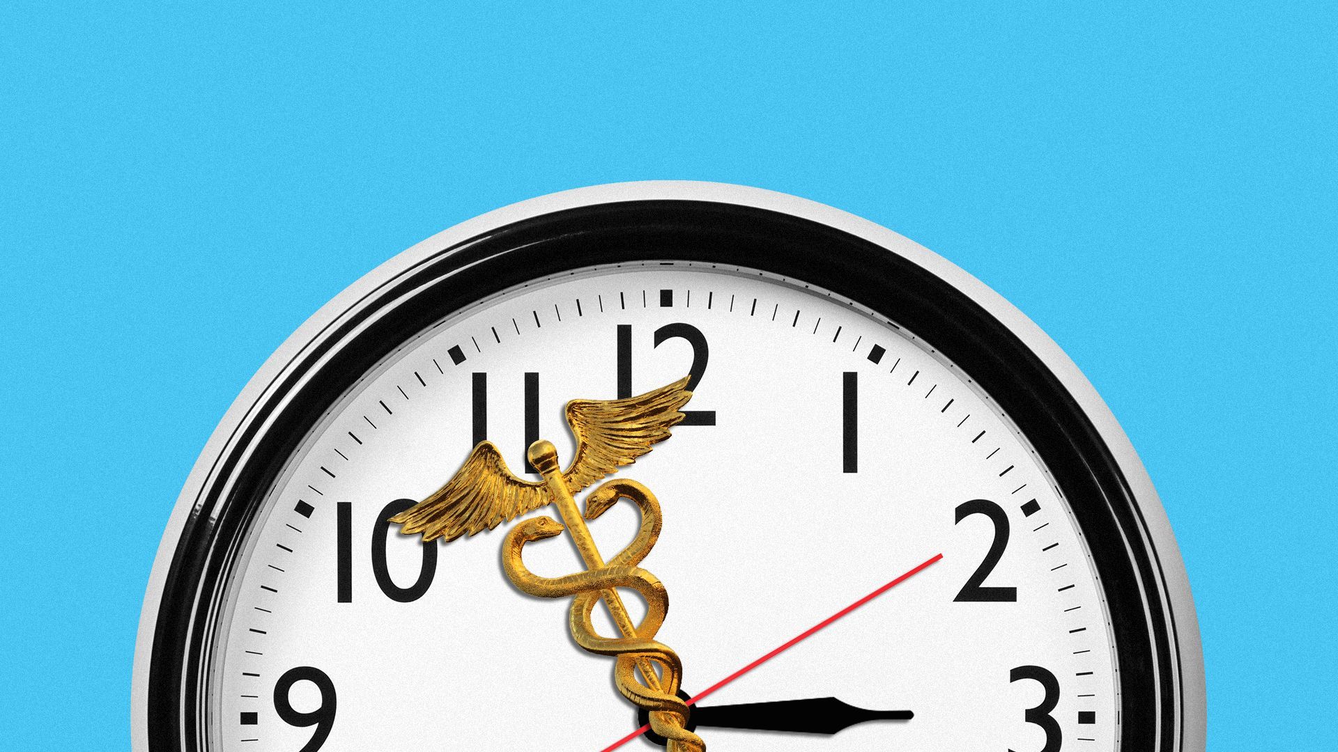 Illustration of a caduceus as the hour arm of a clock.