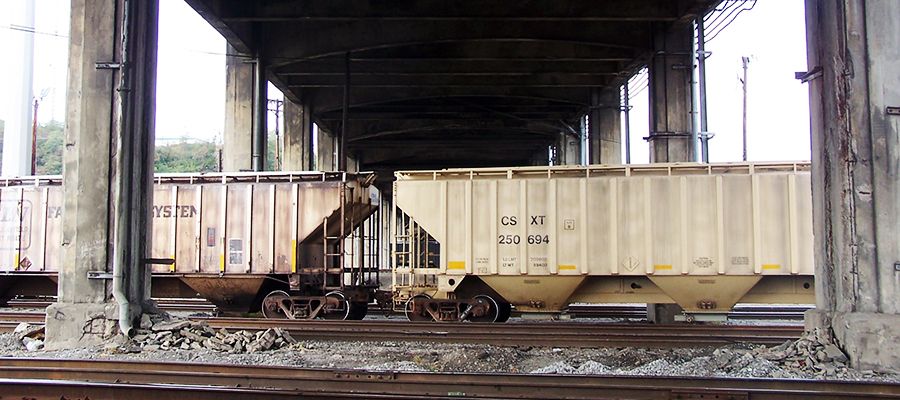 Railroad tracks under the viaduct.