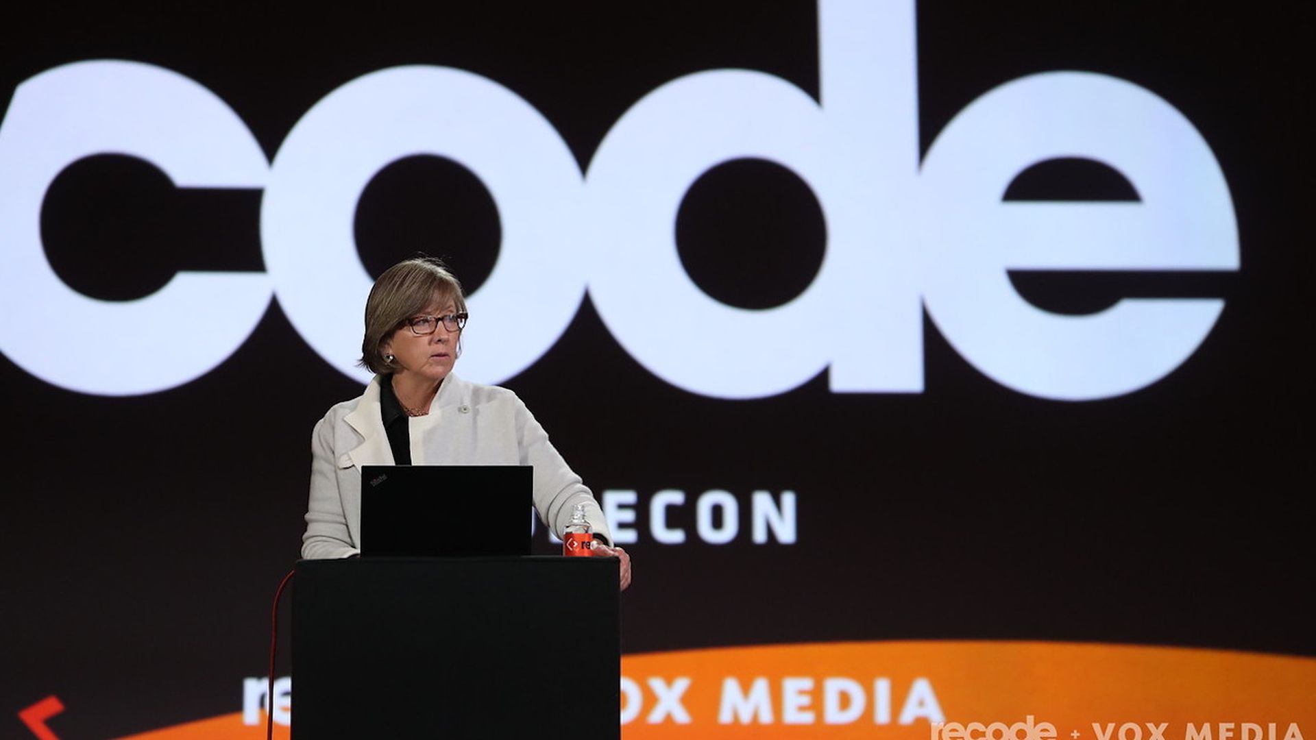 Photo of investor Mary Meeker giving a presentation at Code Conference.