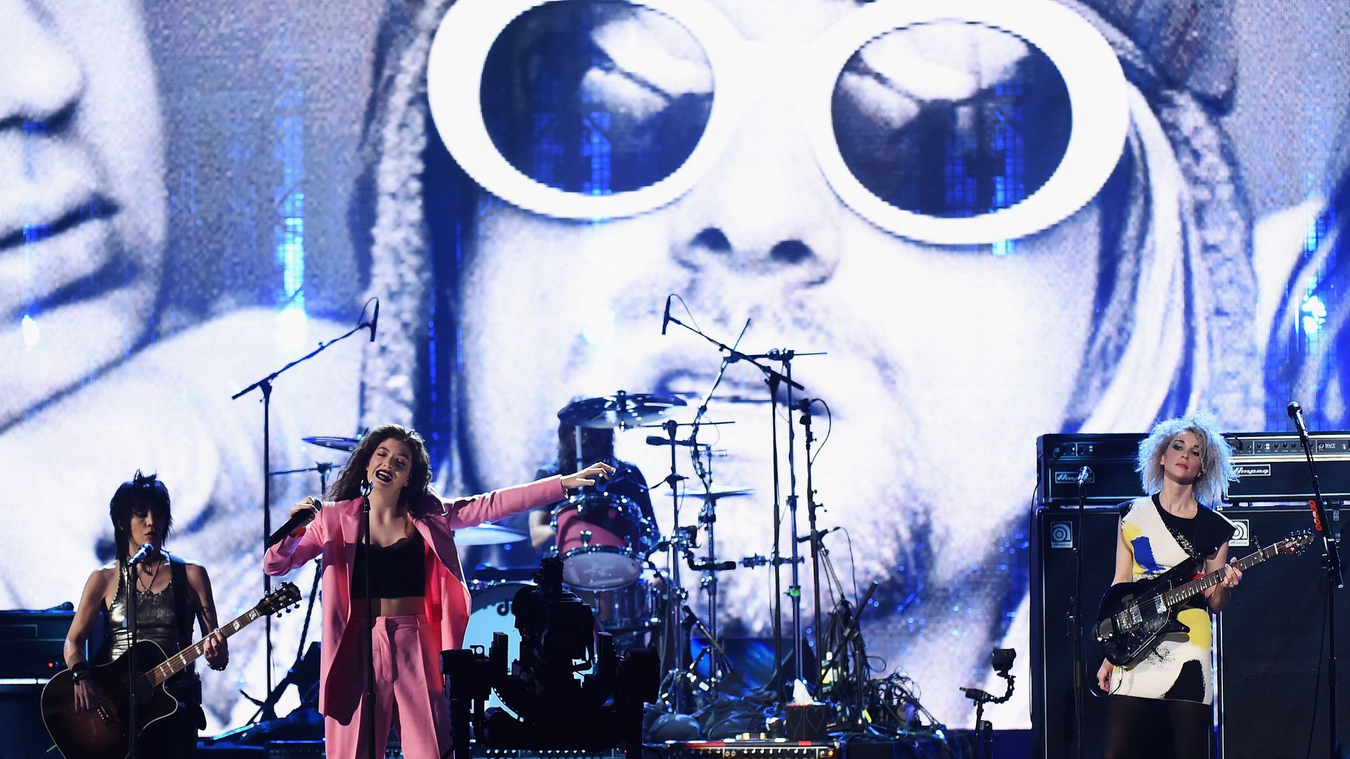 Musicians Joan Jett, Lorde and St. Vincent perform with Dave Grohl (C) of Nirvana onstage.