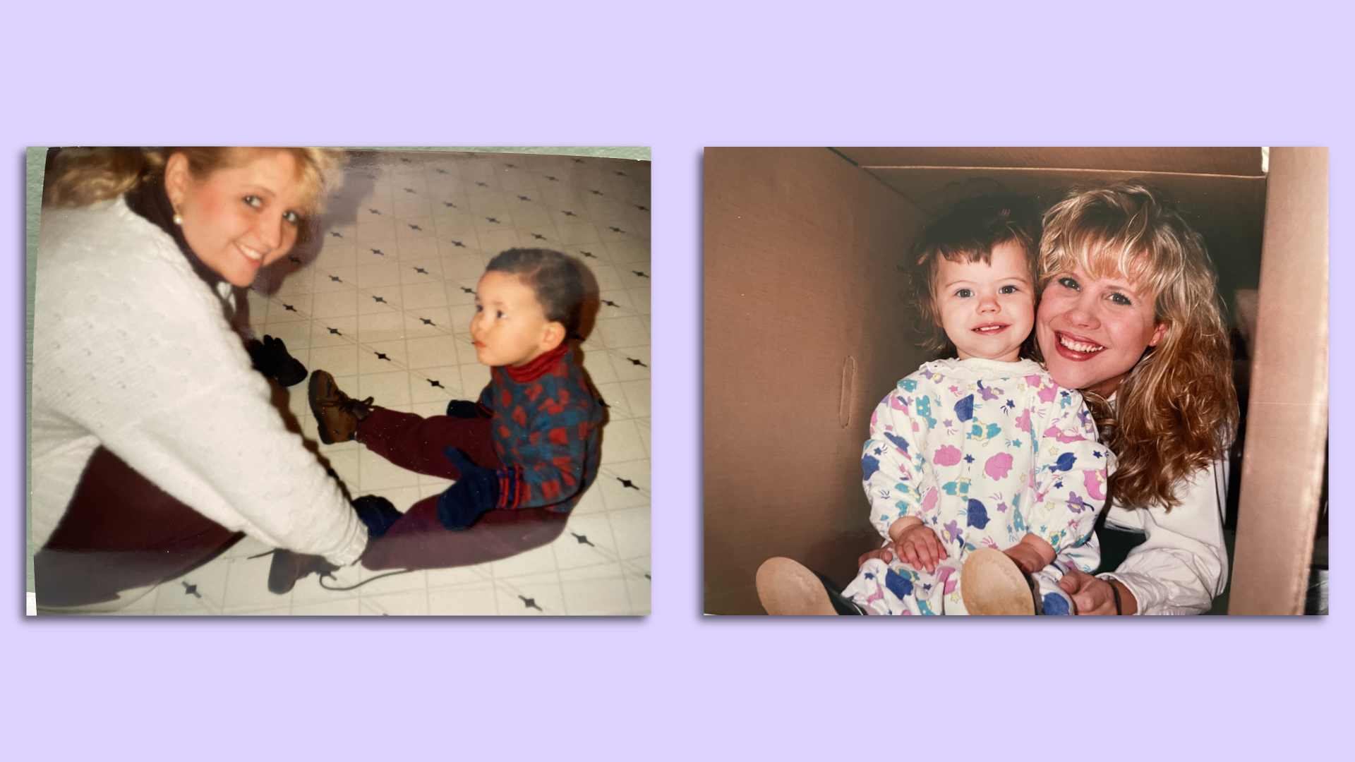 A woman ties the shoes of her young son. 