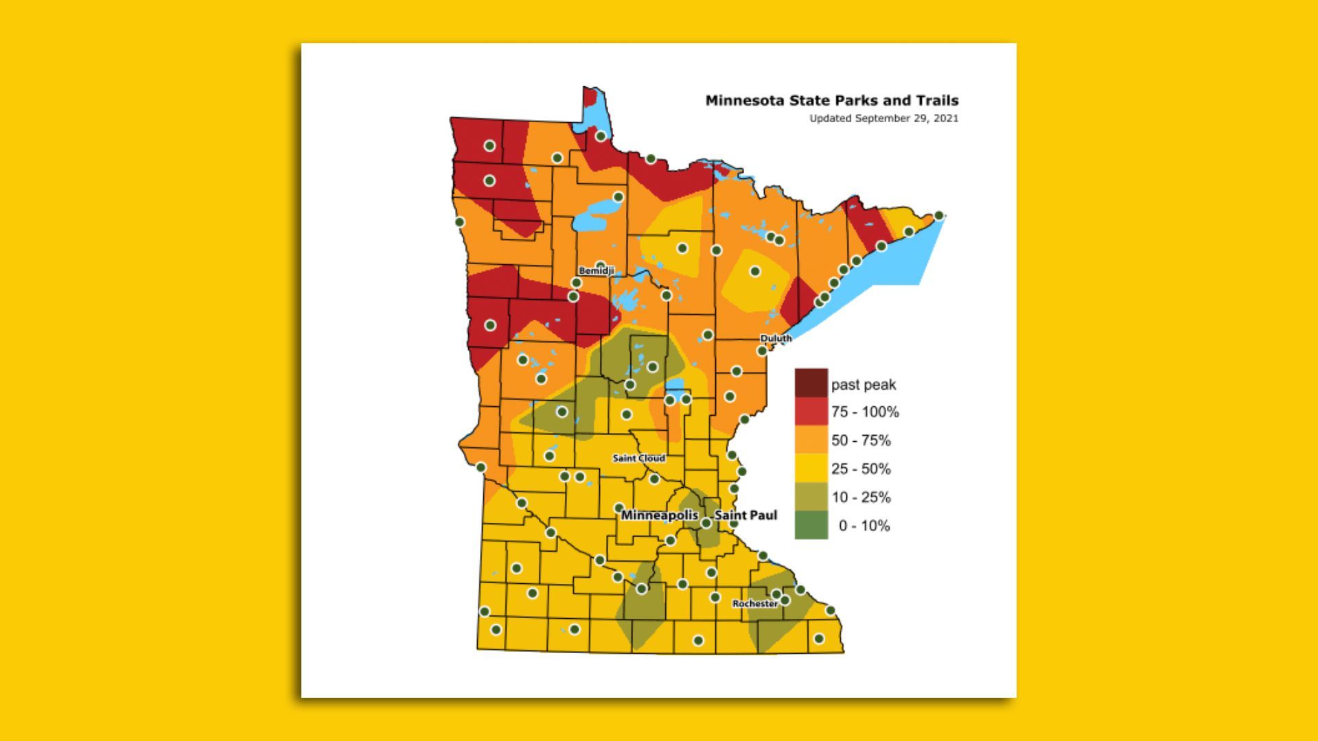 A peak fall color map of Minnesota.
