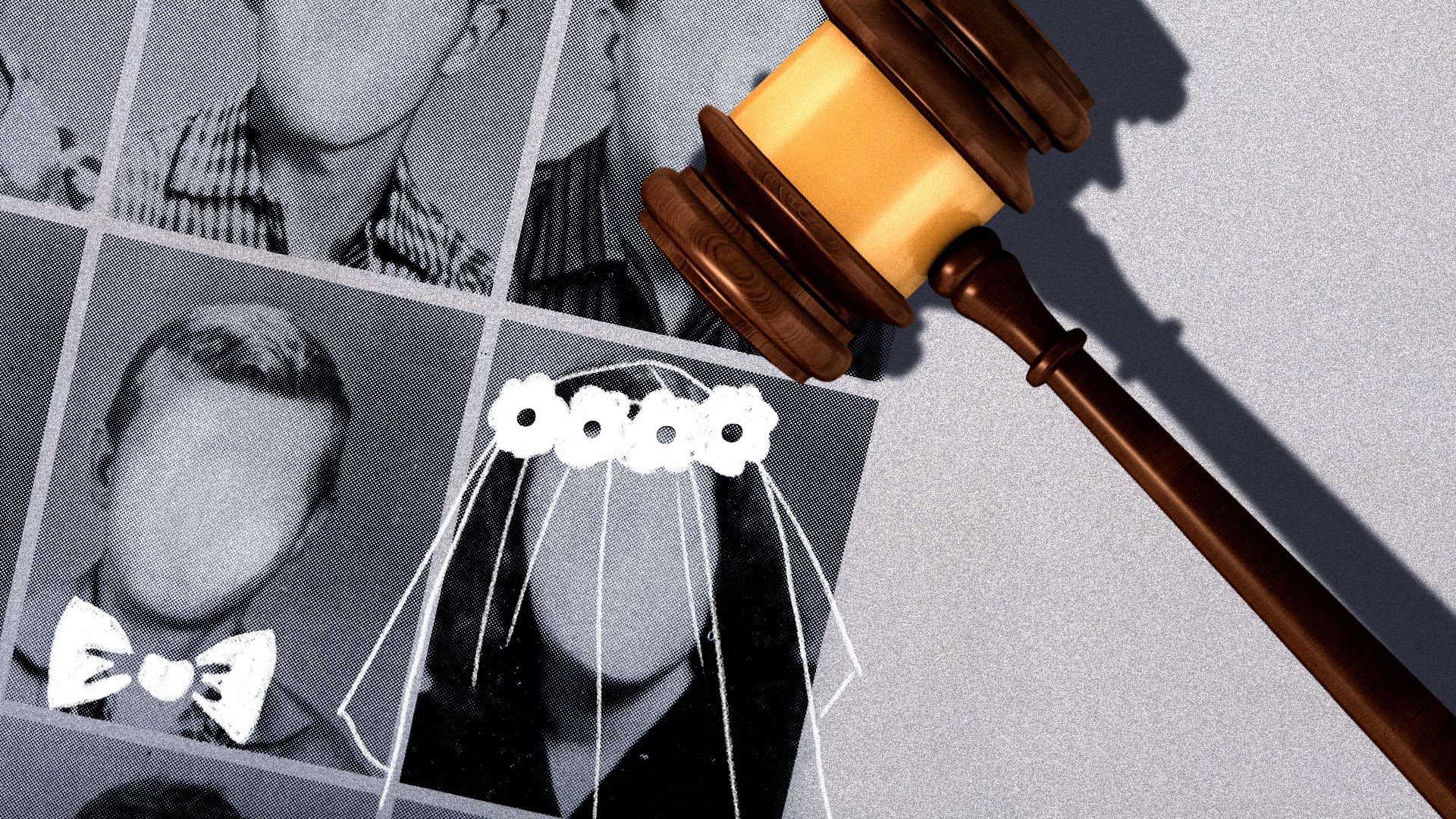 Illustration of a gavel laying over a page from a yearbook where a veil and bowtie have been drawn over two teens.