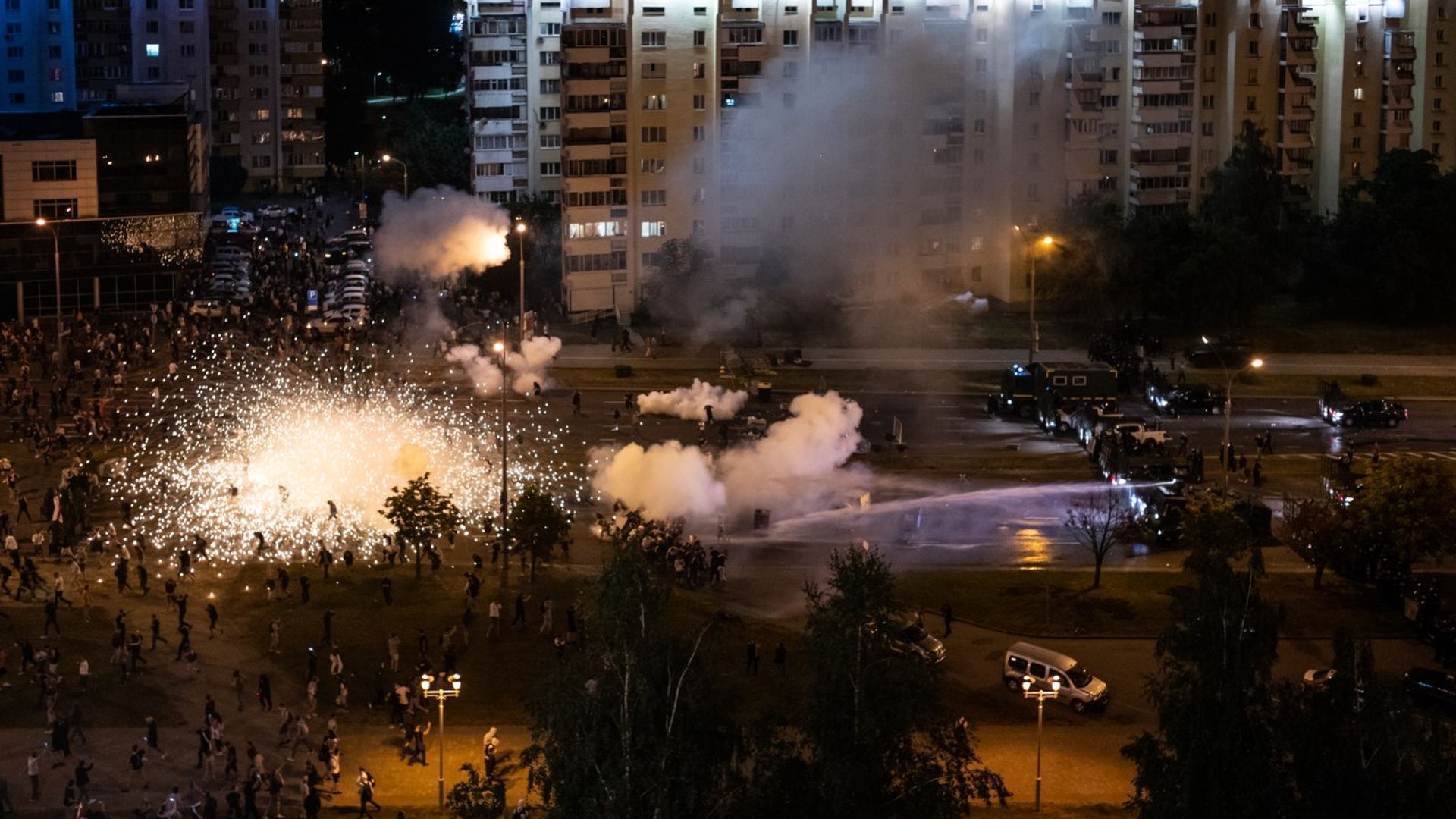 Protesters and riot police clash during a protest against Belarus President Alexander Lukashenko's claim of a landslide victory on August 9, 2020 in Minsk, Belarus.
