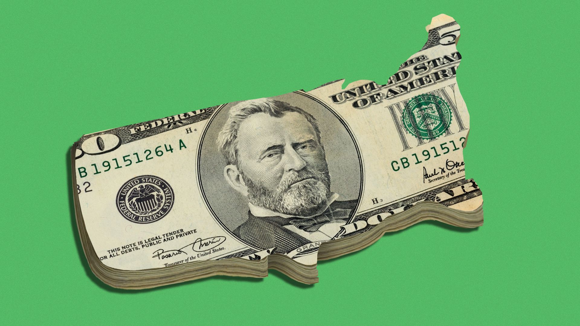 Illustration of a stack of fifty dollar bills cut into the shape of a U.S. map