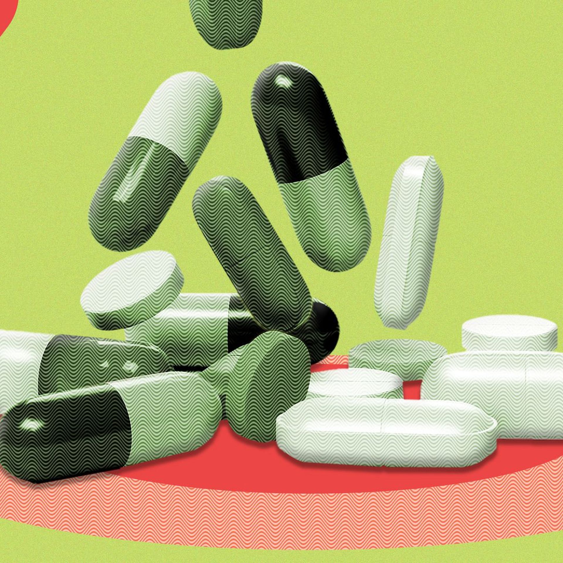 Illustration of falling pills surrounded by abstract shapes and sections of dollars.