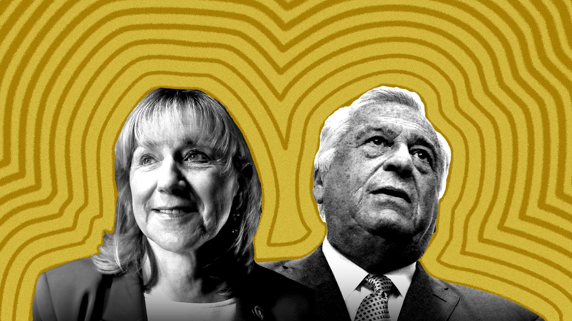 Photo illustration of Massachusetts Senate President Karen Spilka and House Speaker Ron Mariano with lines radiating from them.