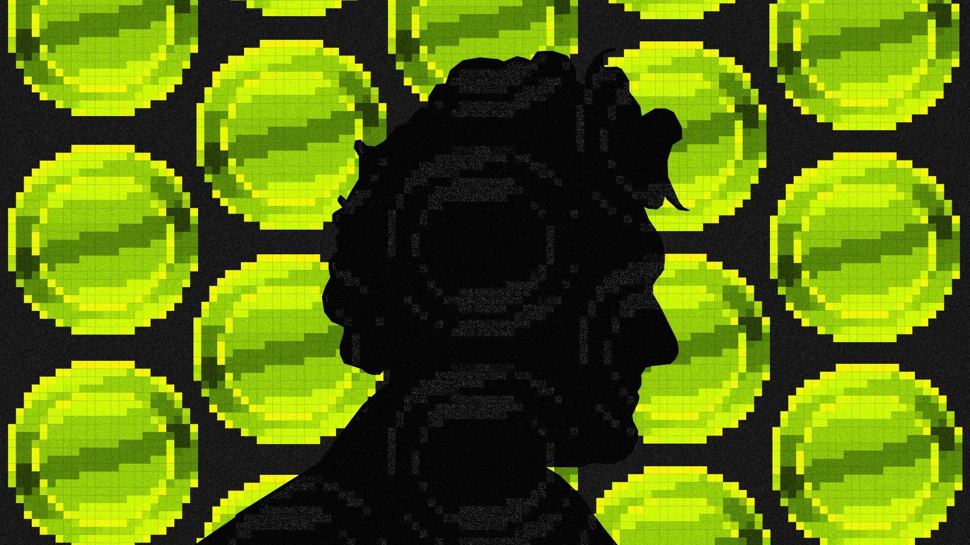 Photo illustration of Sam Bankman-Fried's silhouette in front of wall of falling pixelated coins colored dark green