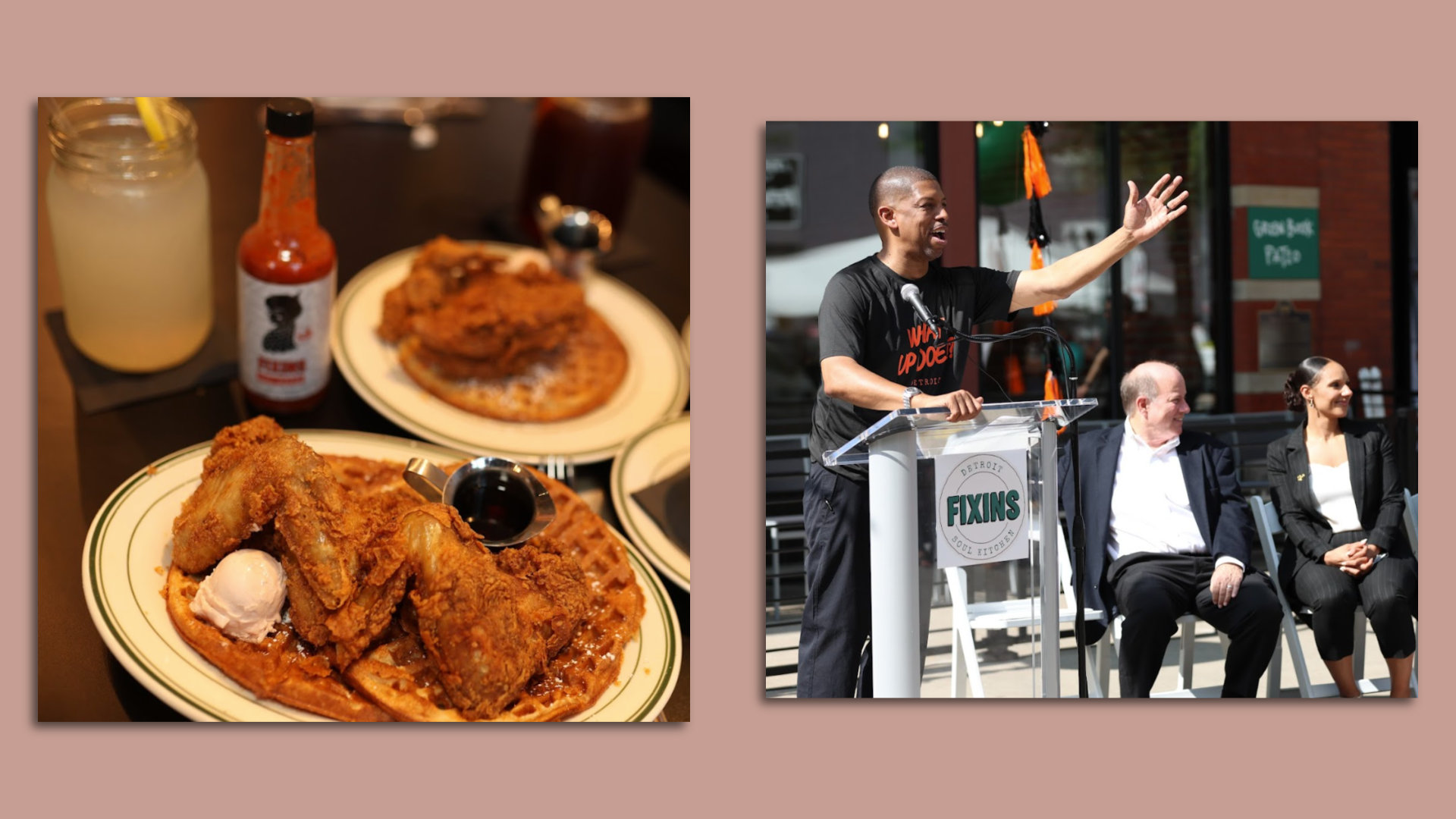 Two photos. The left is of chicken and waffles and the right is of Kevin Johnson speaking.