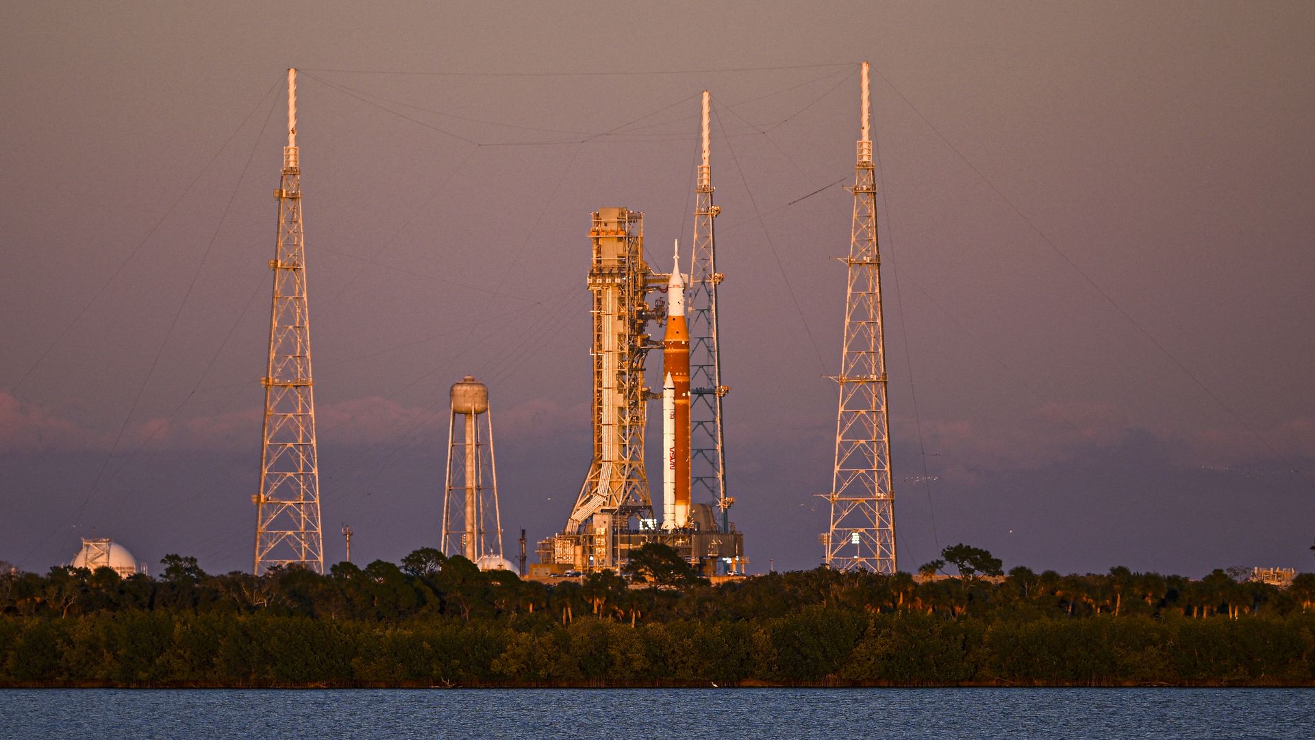 The Space Launch System (SLS) rocket and the Orion spacecraft, integrated for the Artemis II mission, are seen at Launch Pad 39B at the Kennedy Space Center in Cape Canaveral, Florida, on February 1, 2026 ahead of the first crewed mission to the Moon in more than 50 years.