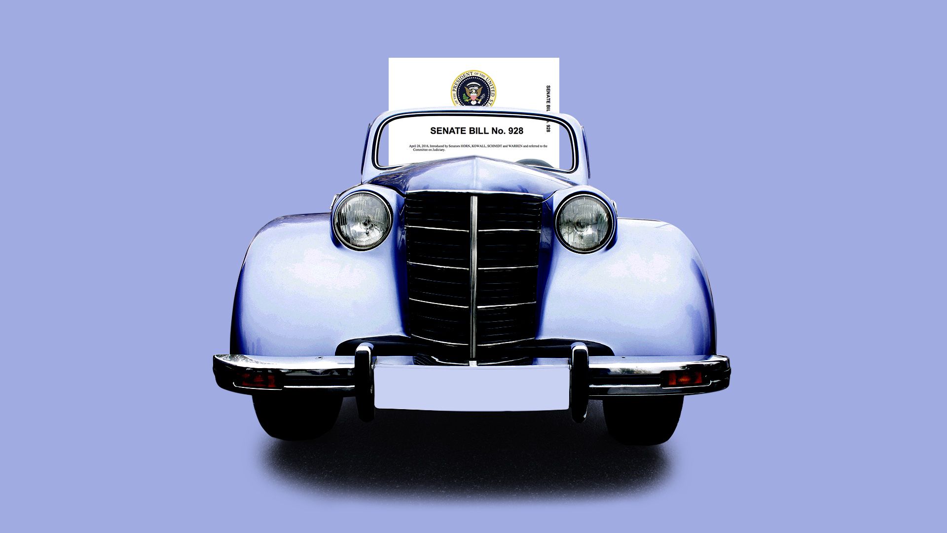 An illustration of the front of a vehicle with a bill sitting in the front seat.