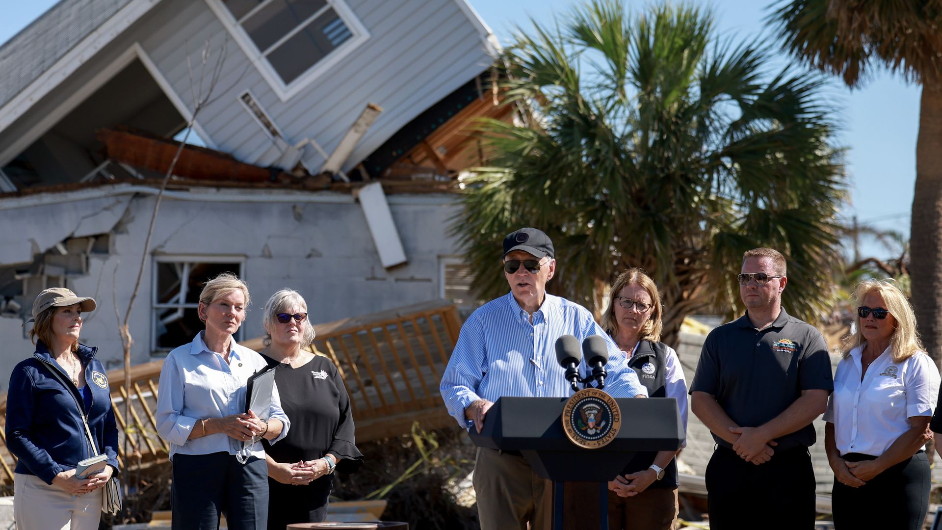 President Joe Biden speaks to the media after a tour of the damage caused by Hurricane Milton on October 13, 2024 in St Pete Beach, Florida.