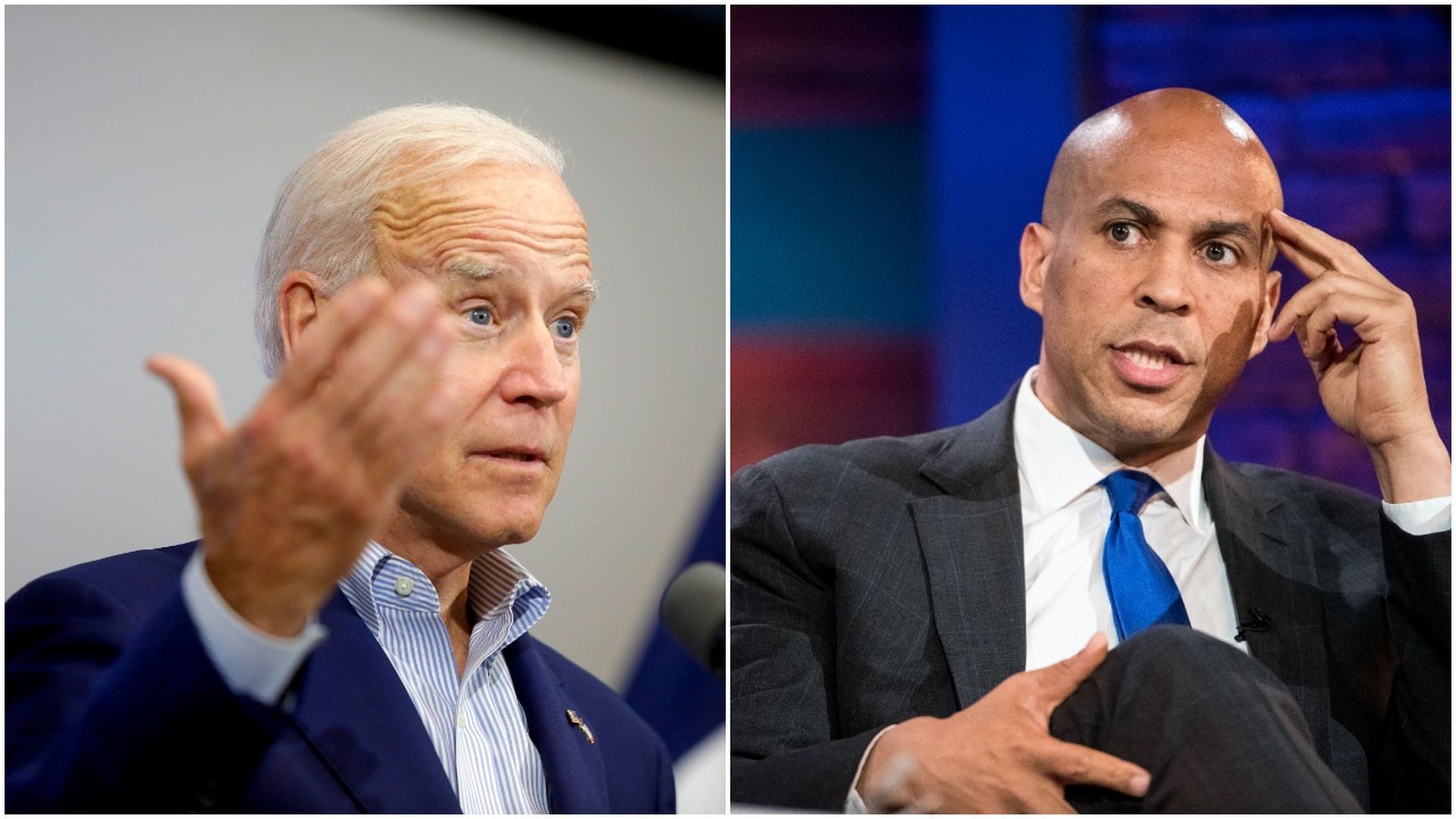This image is a split screen of Joe Biden and Cory Booker.