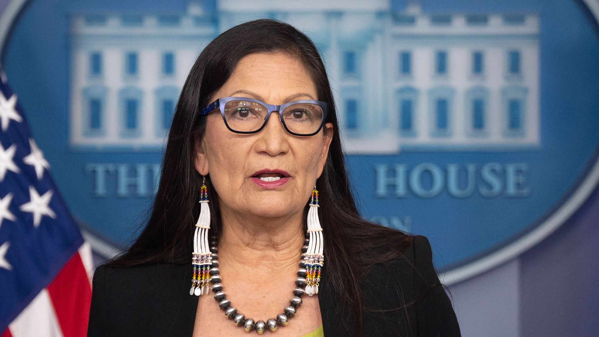 Secretary of the Interior Deb Haaland speaking at the White House on April 23.