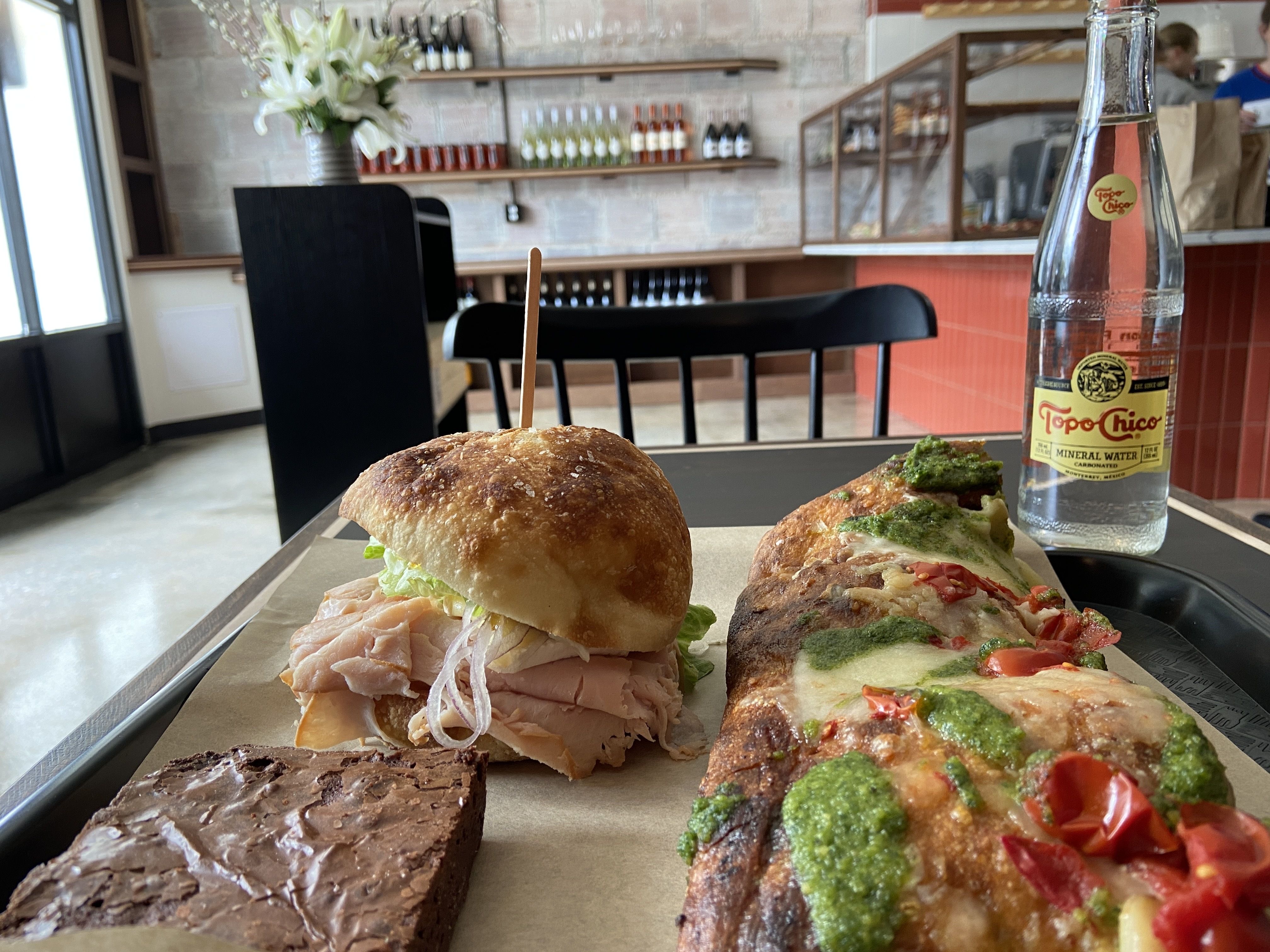 pizza, a sandwich and a brownie