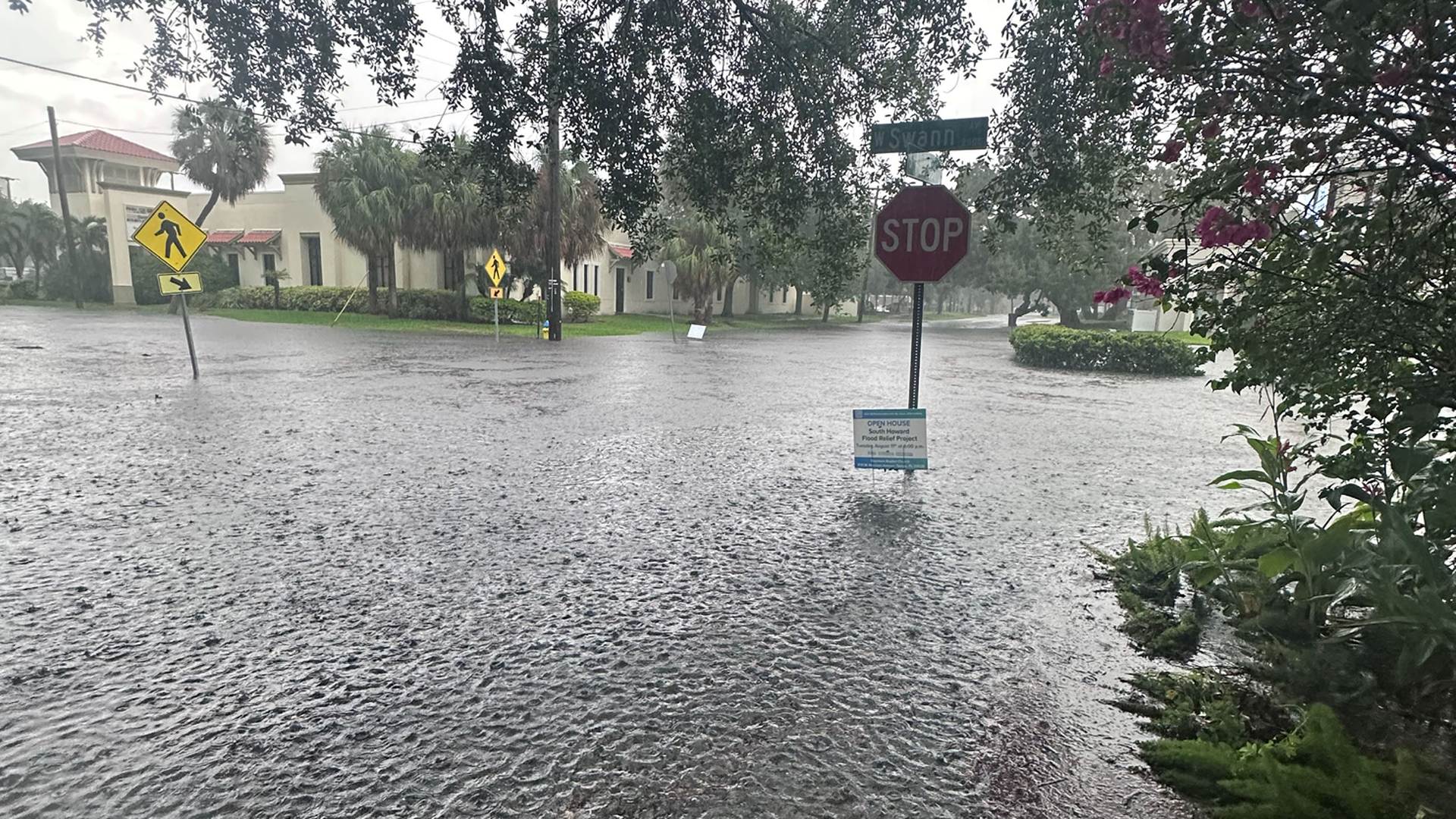 Flooded street in a tropical town: muddy water covers the road, a stop sign and signs protrude from the water, yellow pedestrian signs, palm trees, and buildings under a gray, rainy sky.