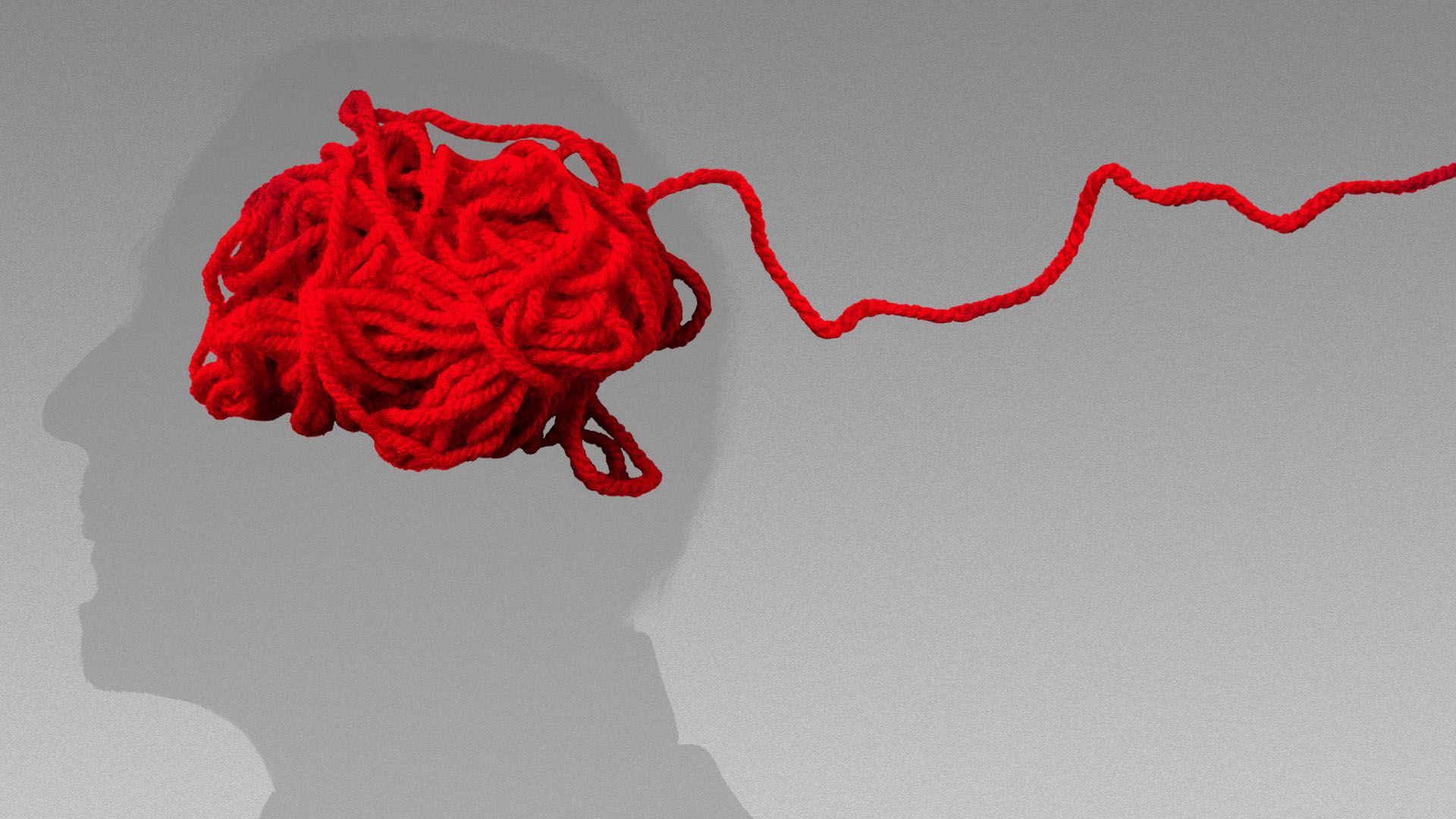 Illustration of an unraveling yarn in the shape of a brain against a man in silhouette