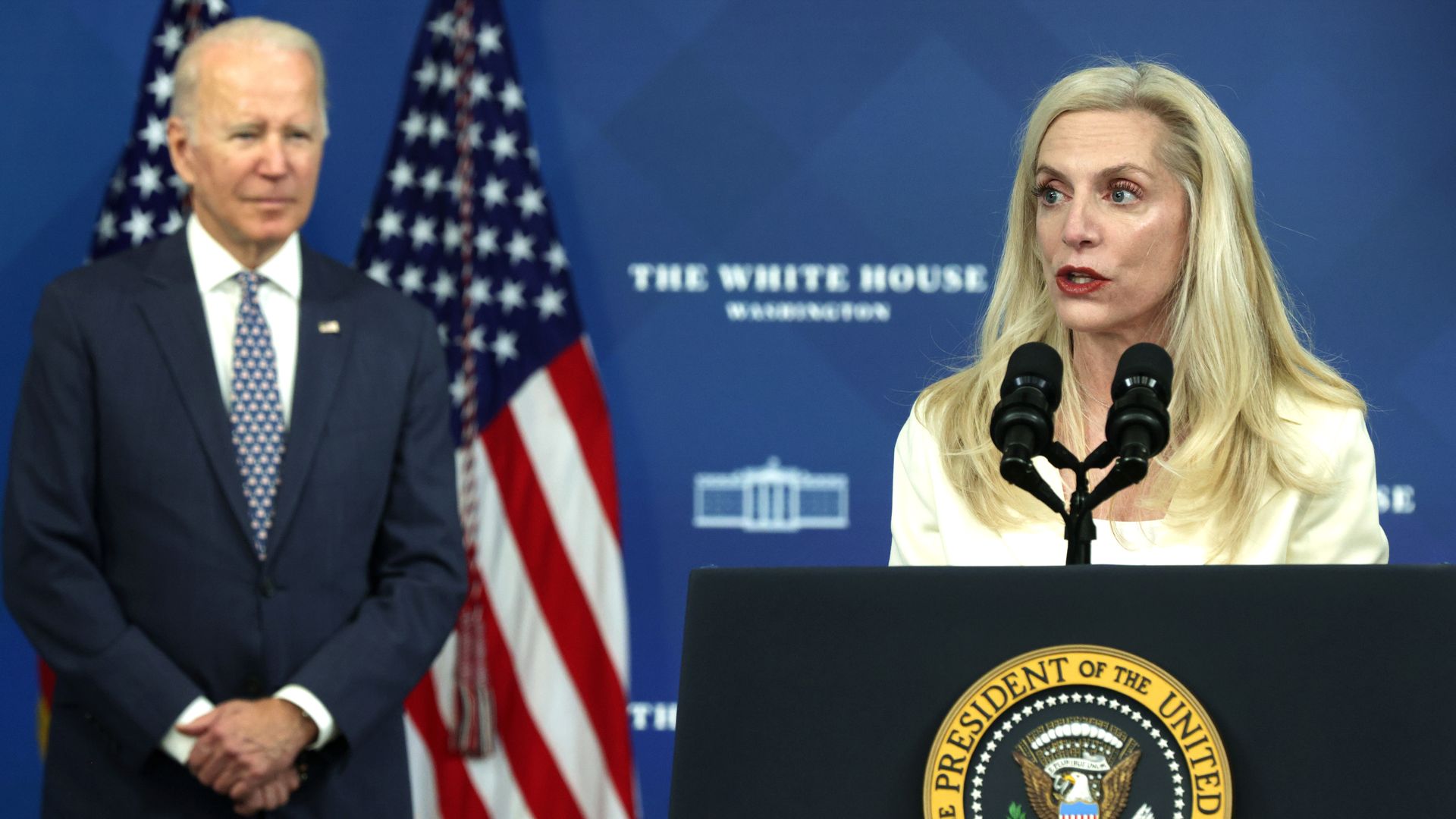 President Biden is seen looking on as Fed Vice Chair-nominee Lael Brainard speaks.