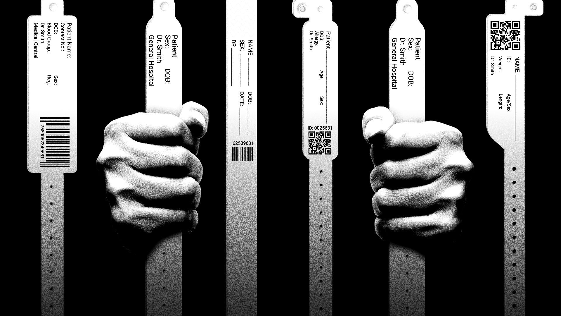 Illustration of hands holding jail bars made of medical wristbands.