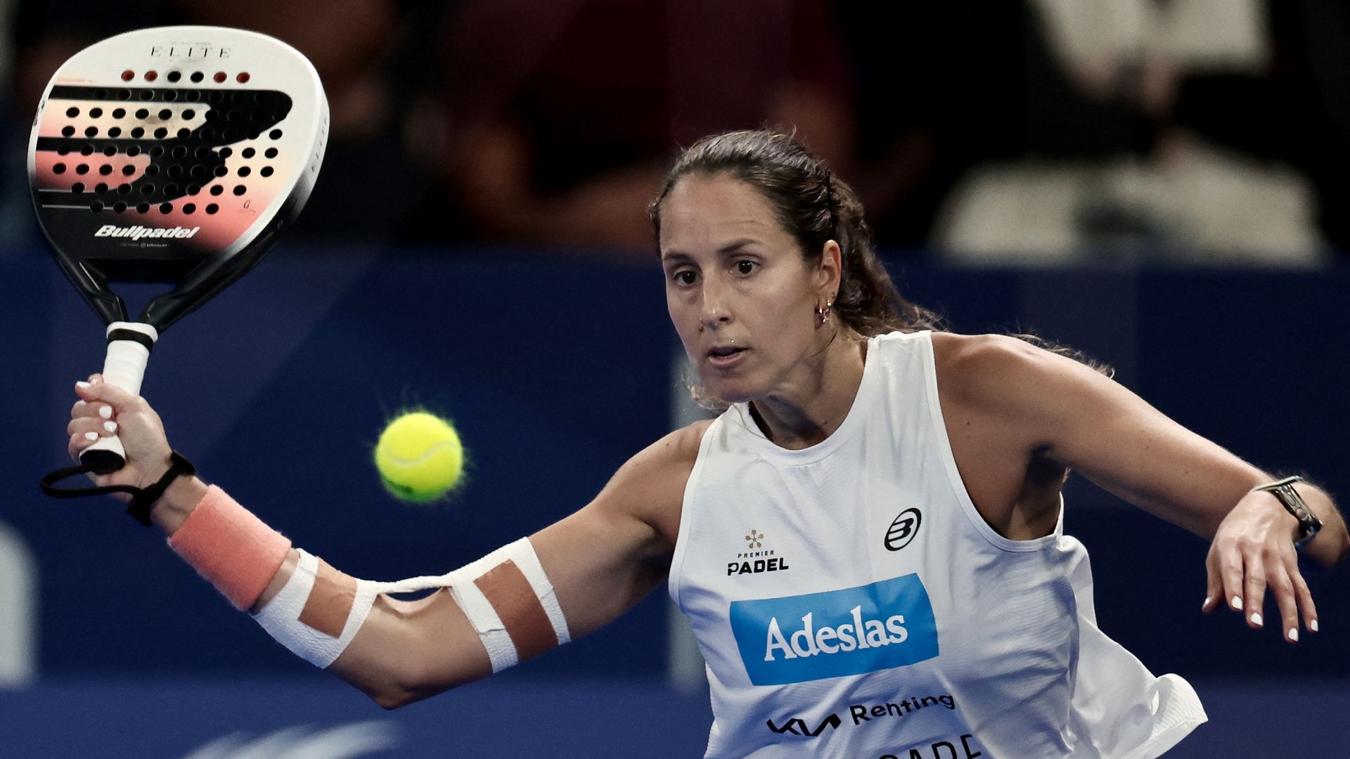 Argentina's Gemma Triay Pons plays with her teammate Spain's Delfina Brea (not seen) against Spain's Tamara Icardo Alcorisa and Spain's Marta Ortega Gallego during the women's final match of the Paris Major Premier Padel tournament on Court Philippe-Chatrier at the Roland-Garros Complex in Paris on 