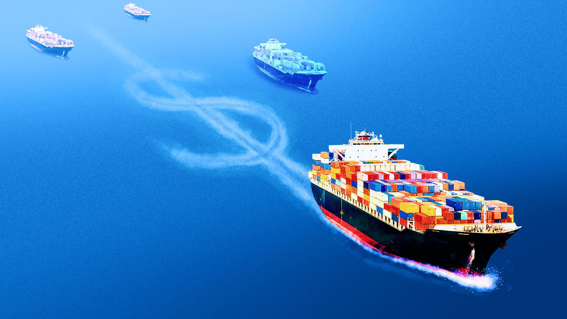 Illustration of a giant freight ship leaving a wake in the shape of a dollar sign