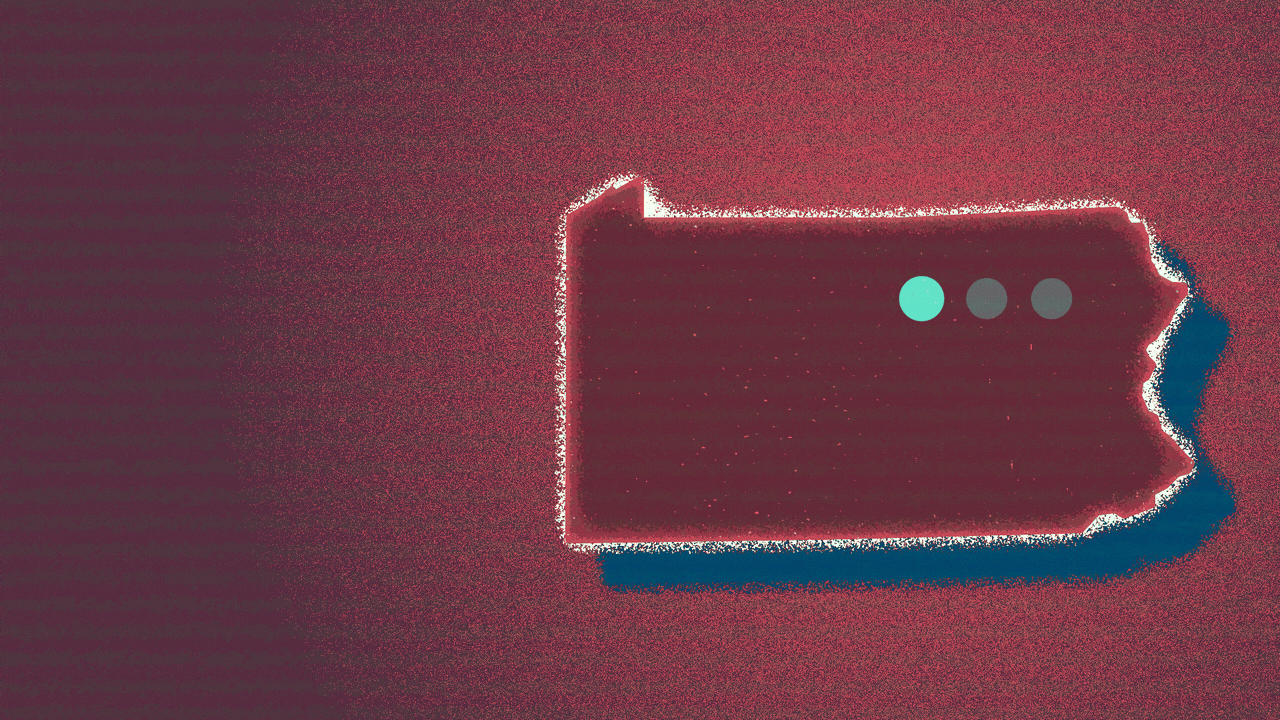 Animated illustration of the state of Pennsylvania glitching, with an ellipsis cycling through its dots on top of it.